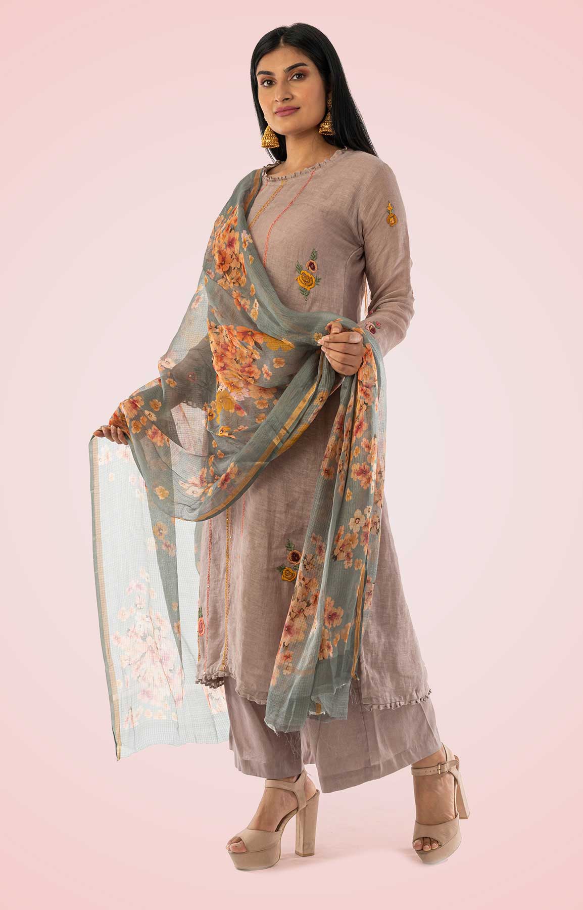 Grey Linen Suit With Floral Printed Dupatta – Viraaya By Ushnakmals