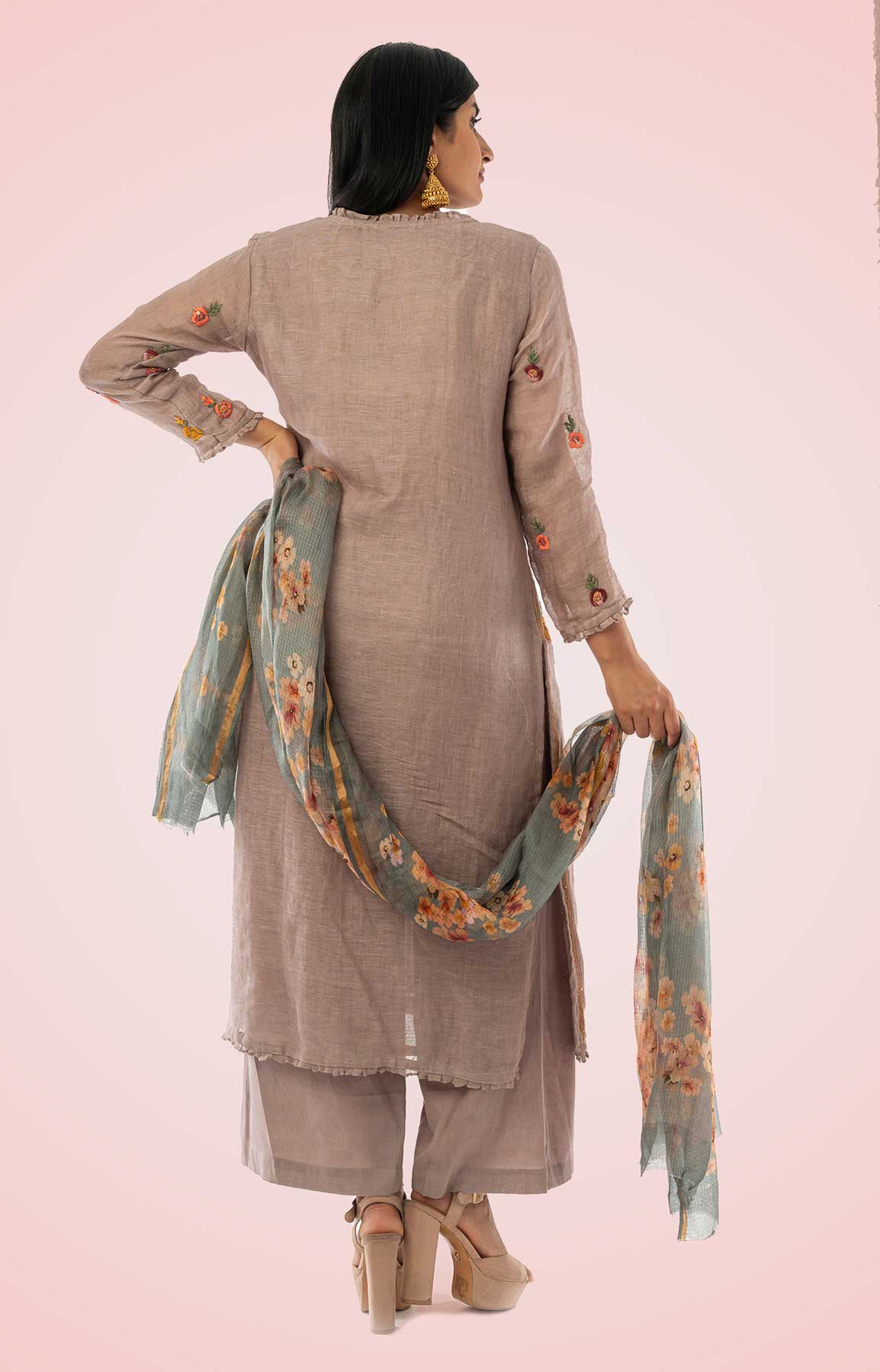 Grey Linen Suit With Floral Printed Dupatta – Viraaya By Ushnakmals