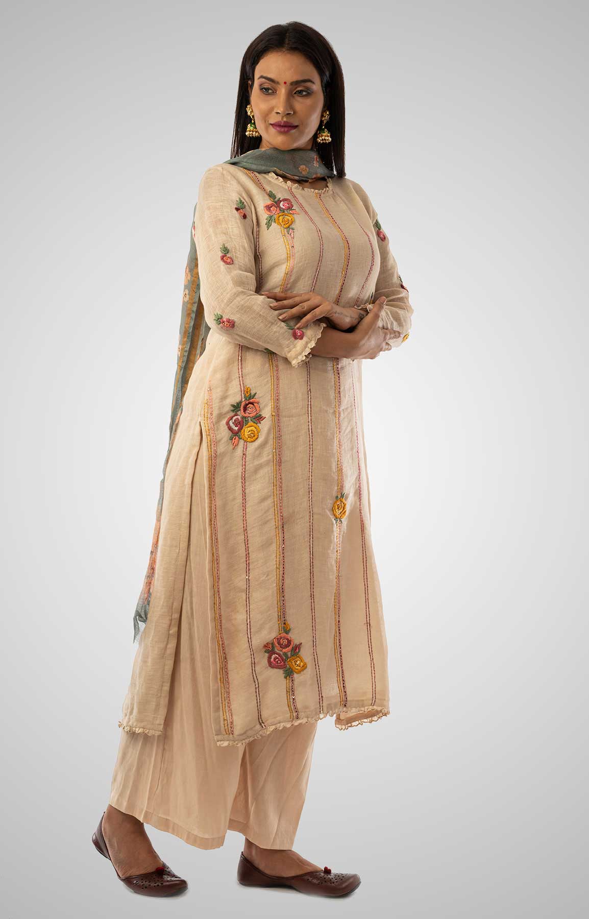 Beige Linen Suit With Floral Printed Dupatta – Viraaya By Ushnakmals