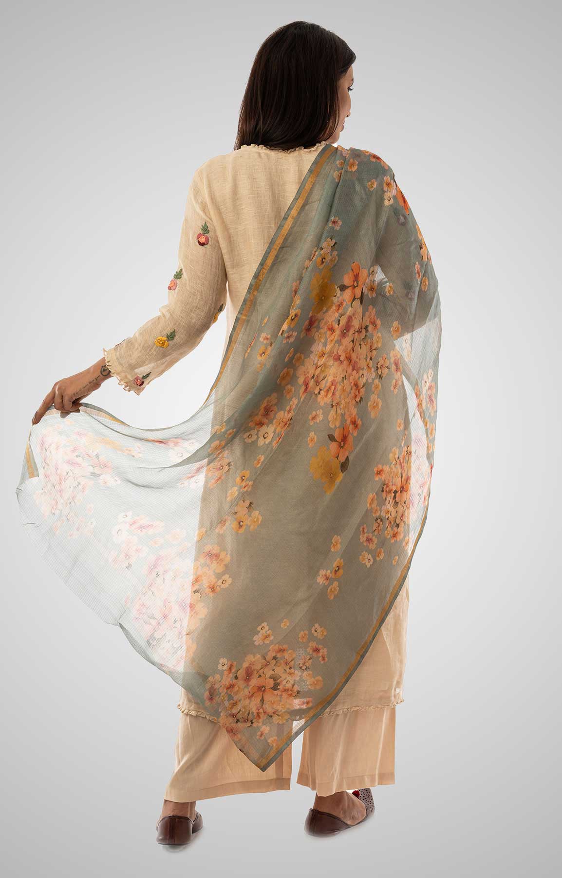 Beige Linen Suit With Floral Printed Dupatta – Viraaya By Ushnakmals