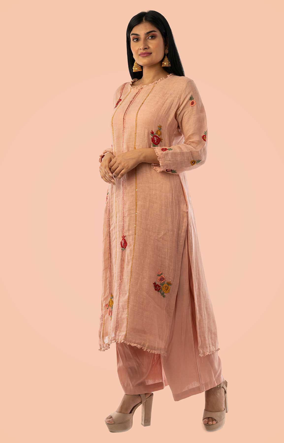 Peach Linen Suit With Floral Printed Dupatta – Viraaya By Ushnakmals
