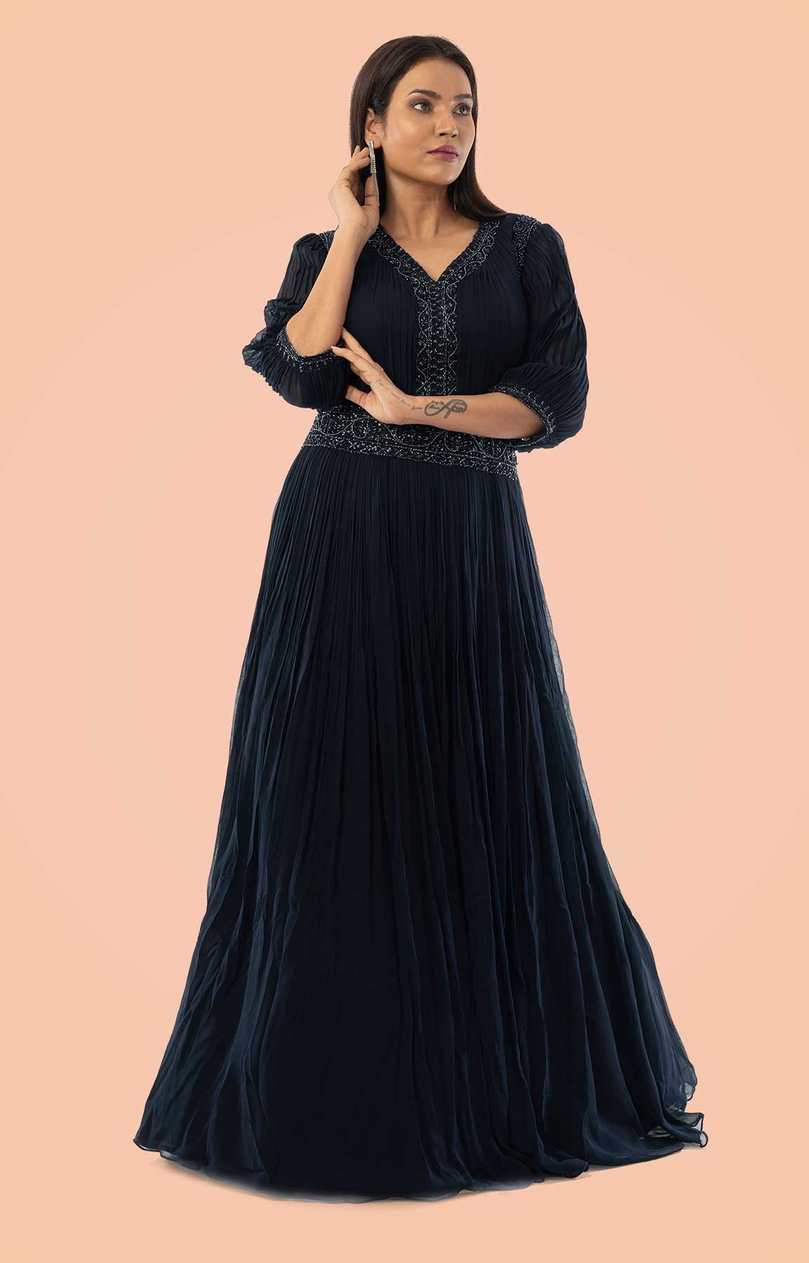 Navy Blue Dress On Georgette With Roshing – Viraaya By Ushnakmals