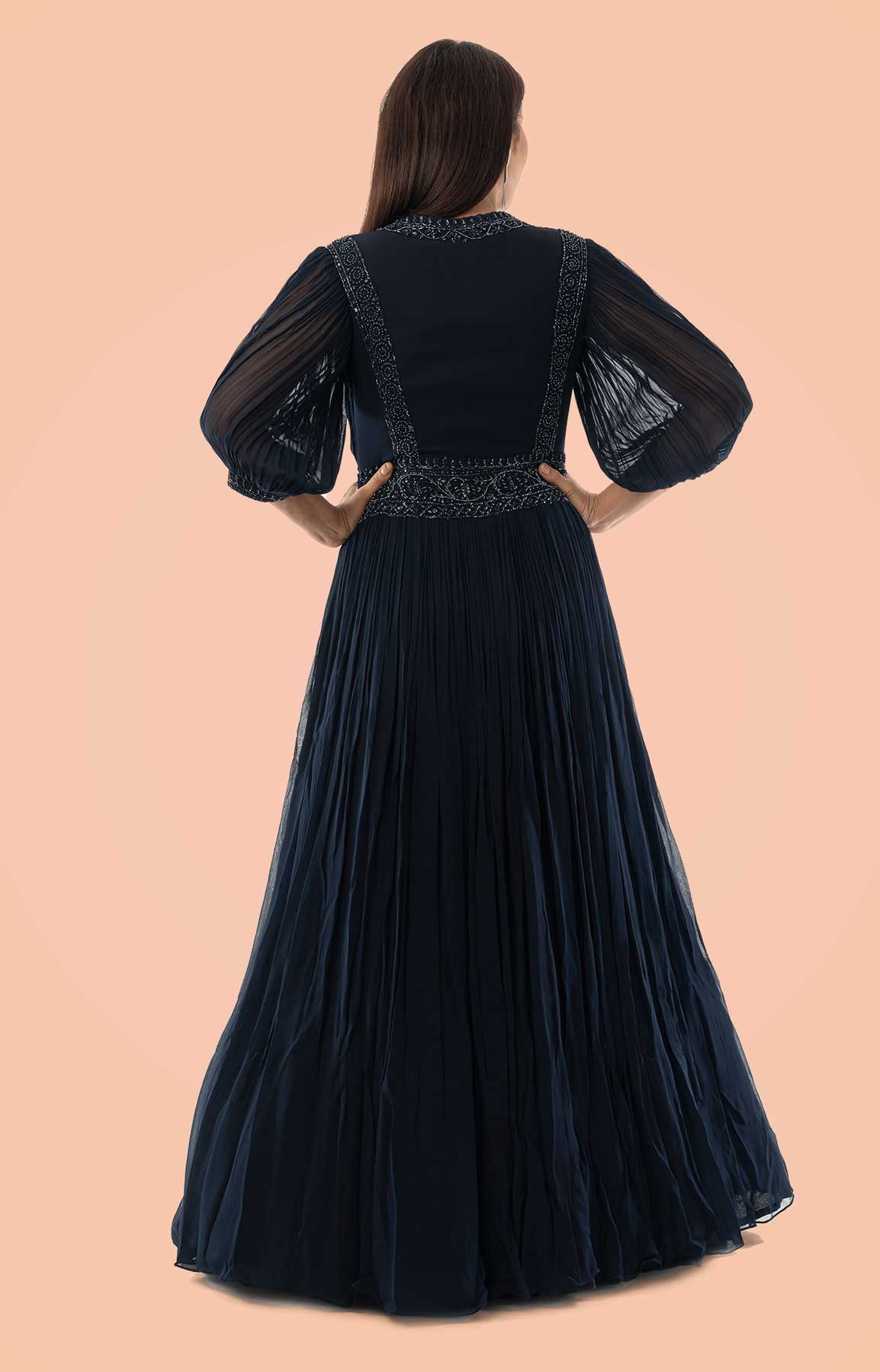 Navy Blue Dress On Georgette With Roshing – Viraaya By Ushnakmals