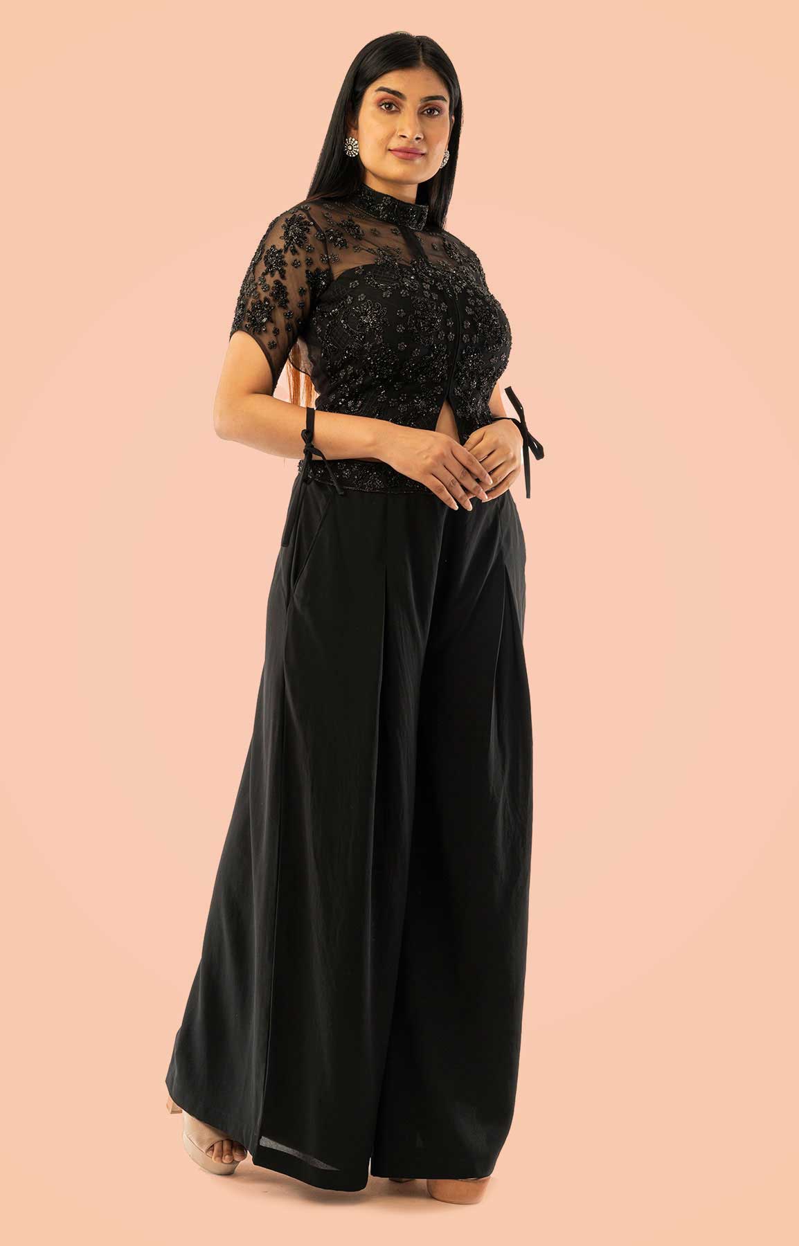 Black Georgette Crop Top And Palazzo Suit With Black Beads Work – Viraaya By Ushnakmals