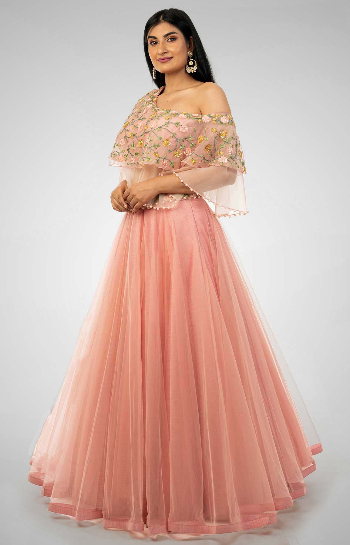 Peach Pink Cape Lehenga With Thread Work – Viraaya By Ushnakmals