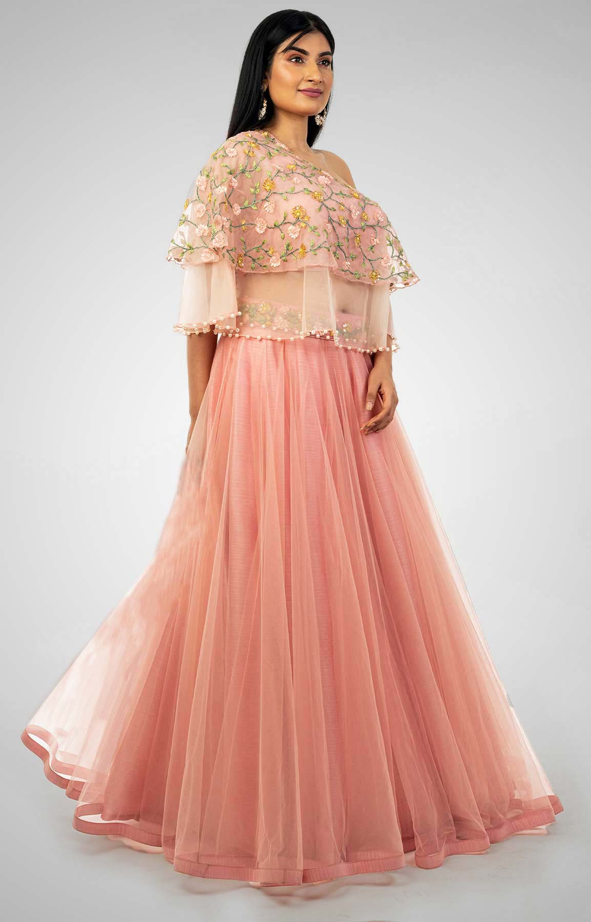 Peach Pink Cape Lehenga With Thread Work – Viraaya By Ushnakmals