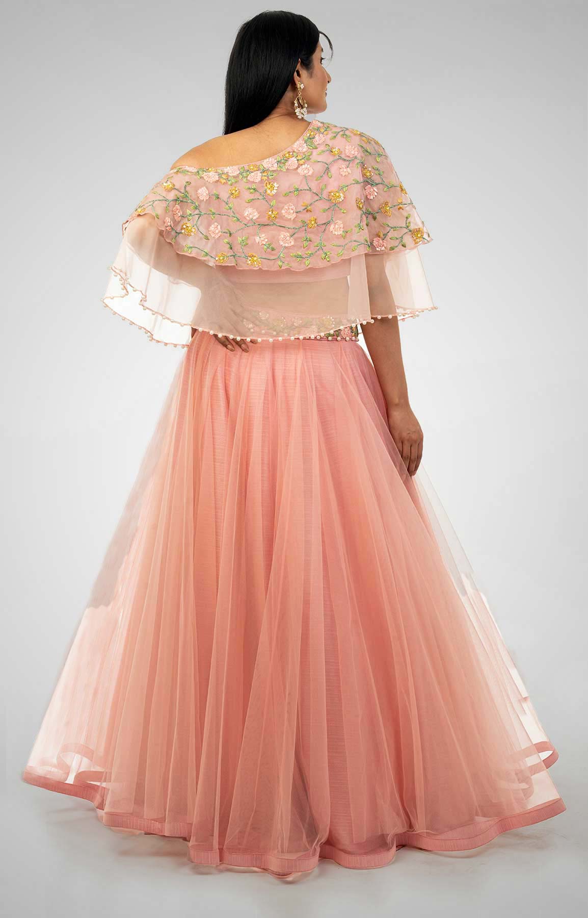 Peach Pink Cape Lehenga With Thread Work – Viraaya By Ushnakmals