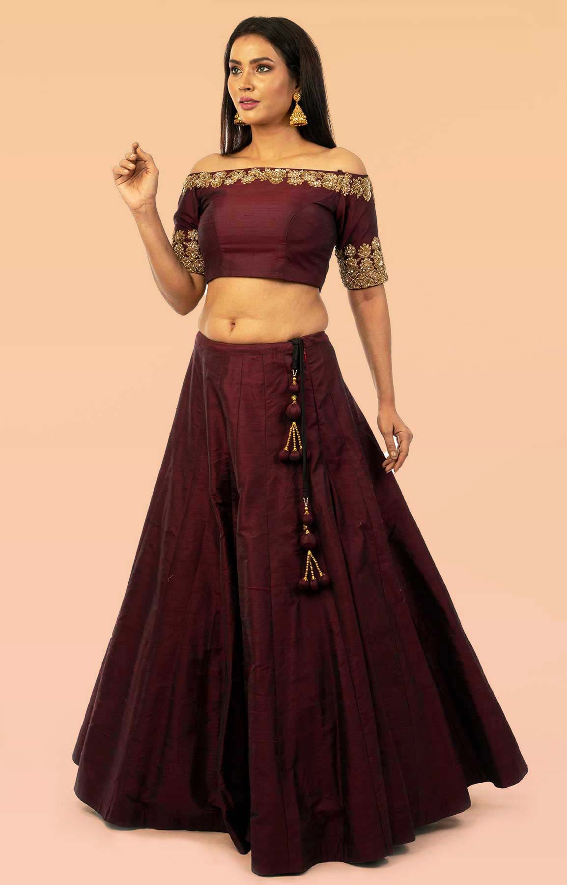 Wine Raw Silk Lehenga With Bead Work – Viraaya By Ushnakmals