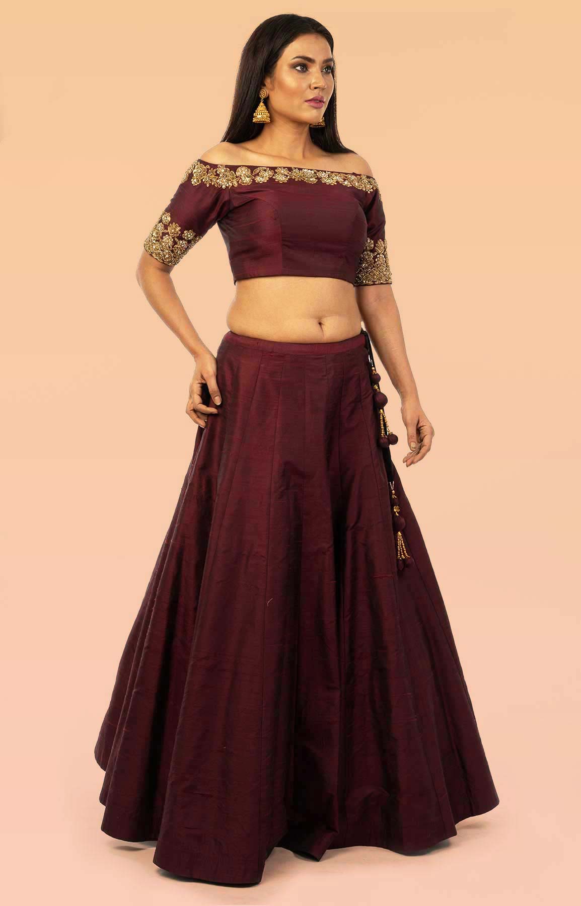 Wine Raw Silk Lehenga With Bead Work – Viraaya By Ushnakmals