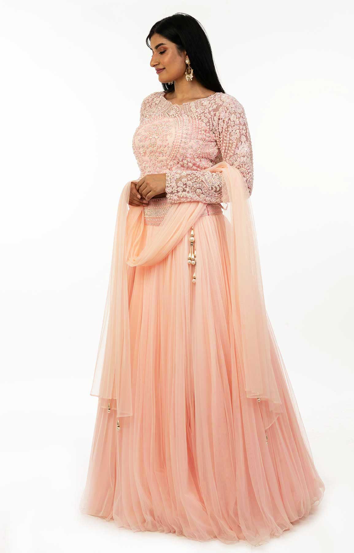 Powder Pink Net Lehenga With Bead Work Blouse And Net Dupatta  Viraaya ...