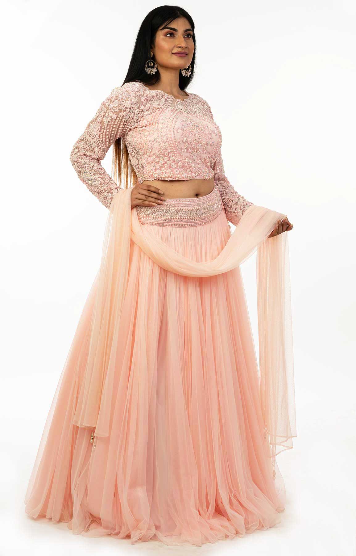 Powder Pink Net Lehenga With Bead Work Blouse And Net Dupatta – Viraaya By Ushnakmals