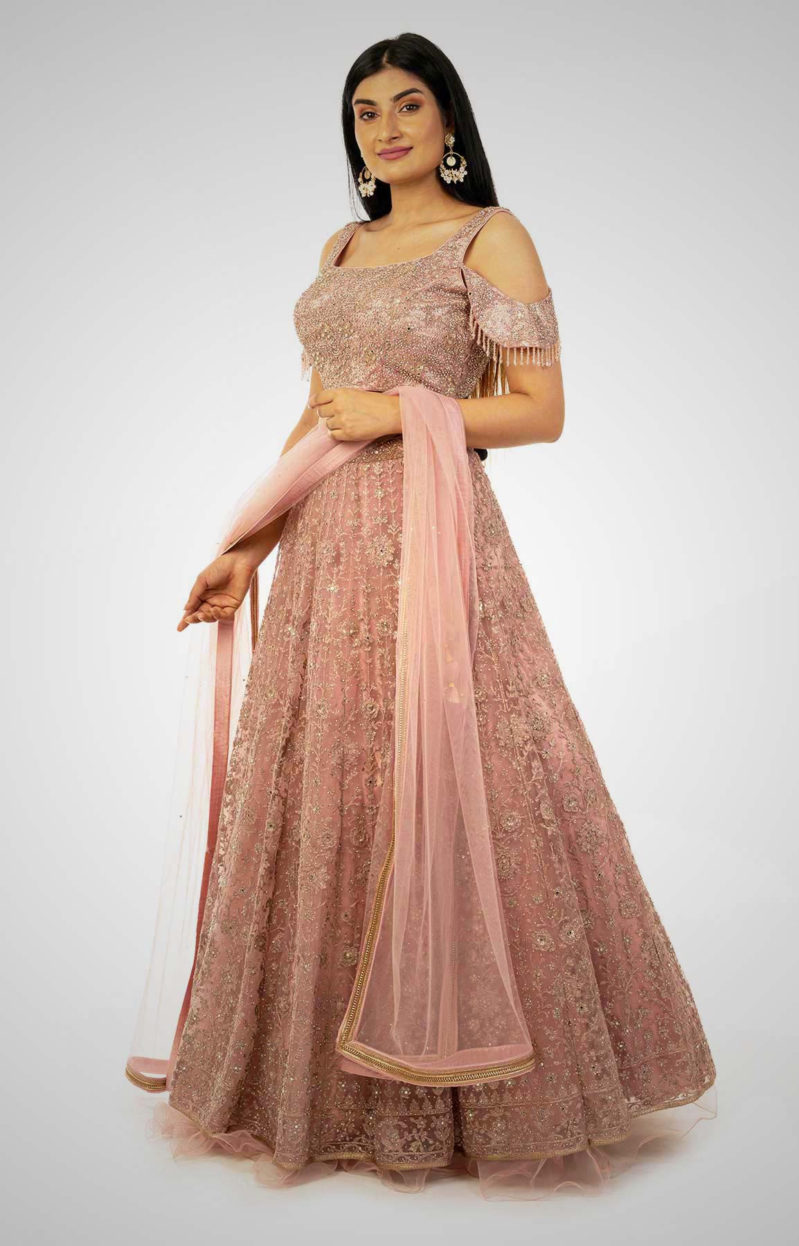 Onion Pink Net Lehenga  With Heavy Embroidery – Viraaya By Ushnakmals