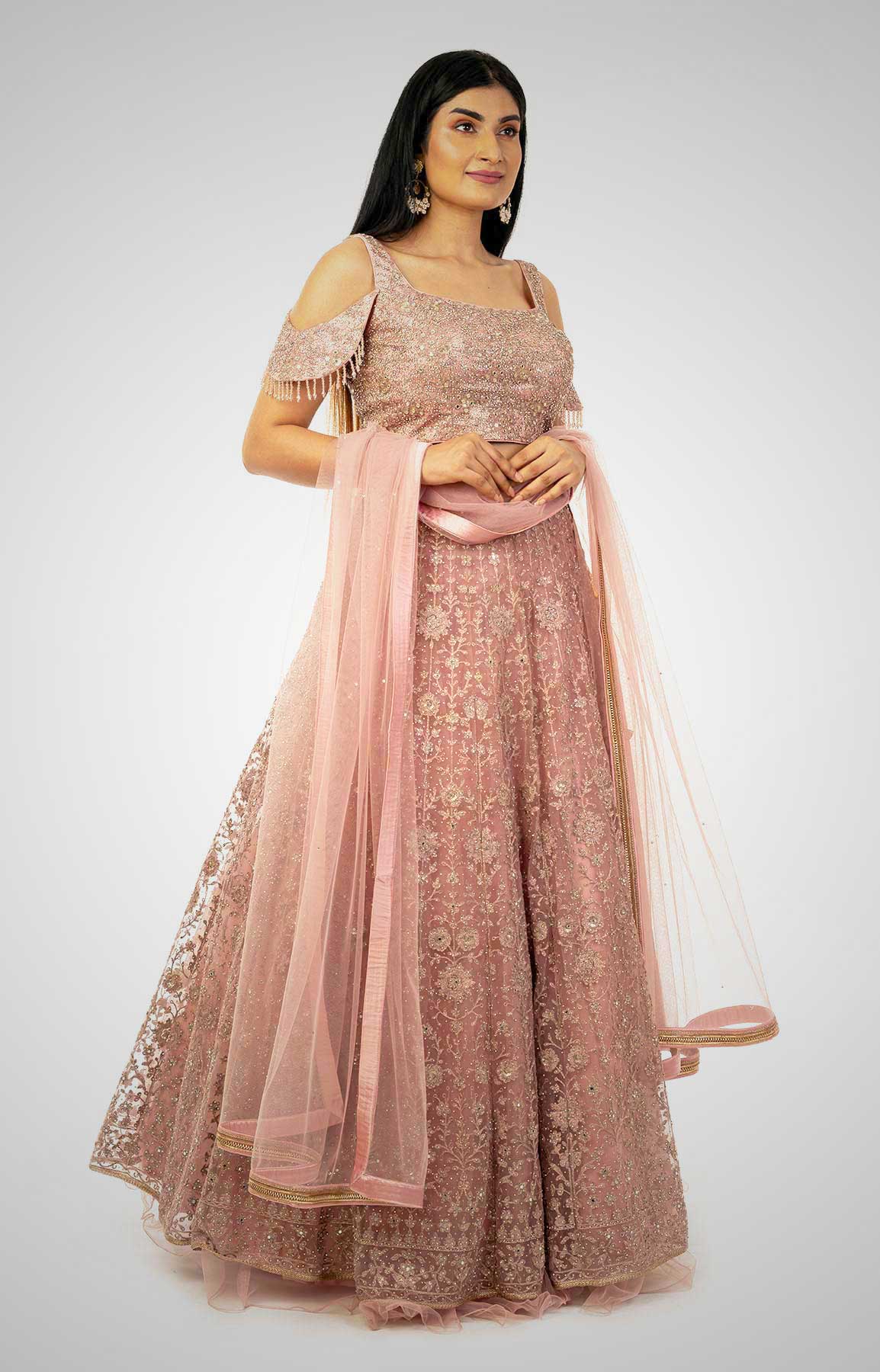 Onion Pink Net Lehenga  With Heavy Embroidery – Viraaya By Ushnakmals