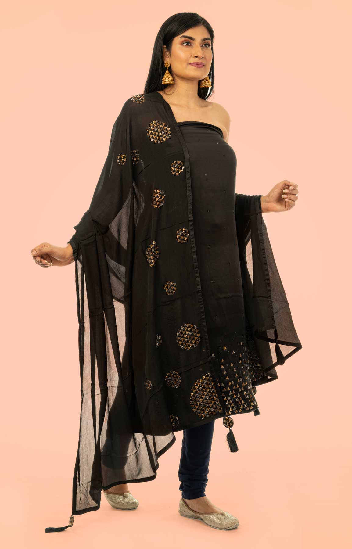 Black Satin Unstitched Suit With Stone Work – Viraaya By Ushnakmals