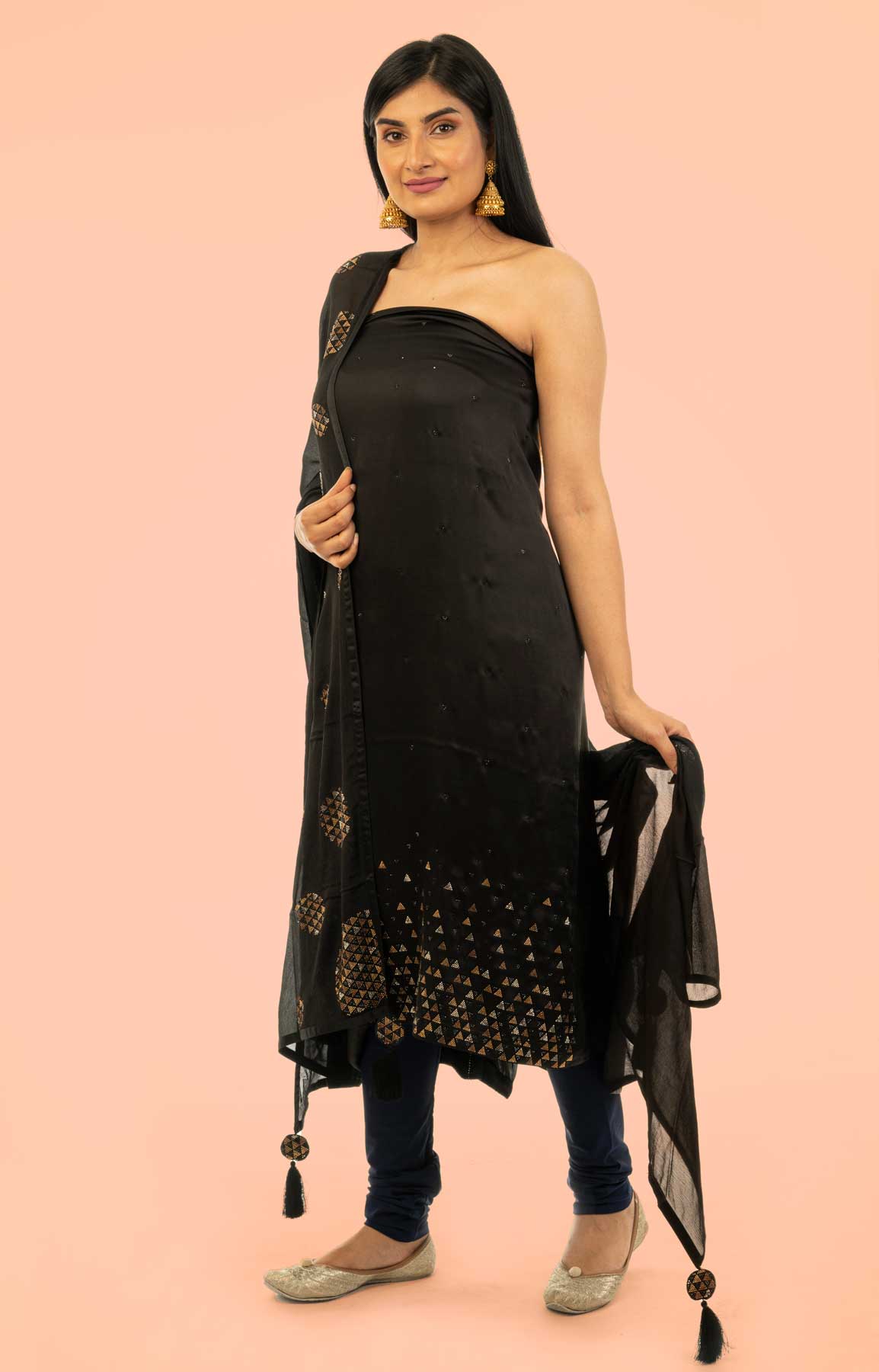 Black Satin Unstitched Suit With Stone Work – Viraaya By Ushnakmals