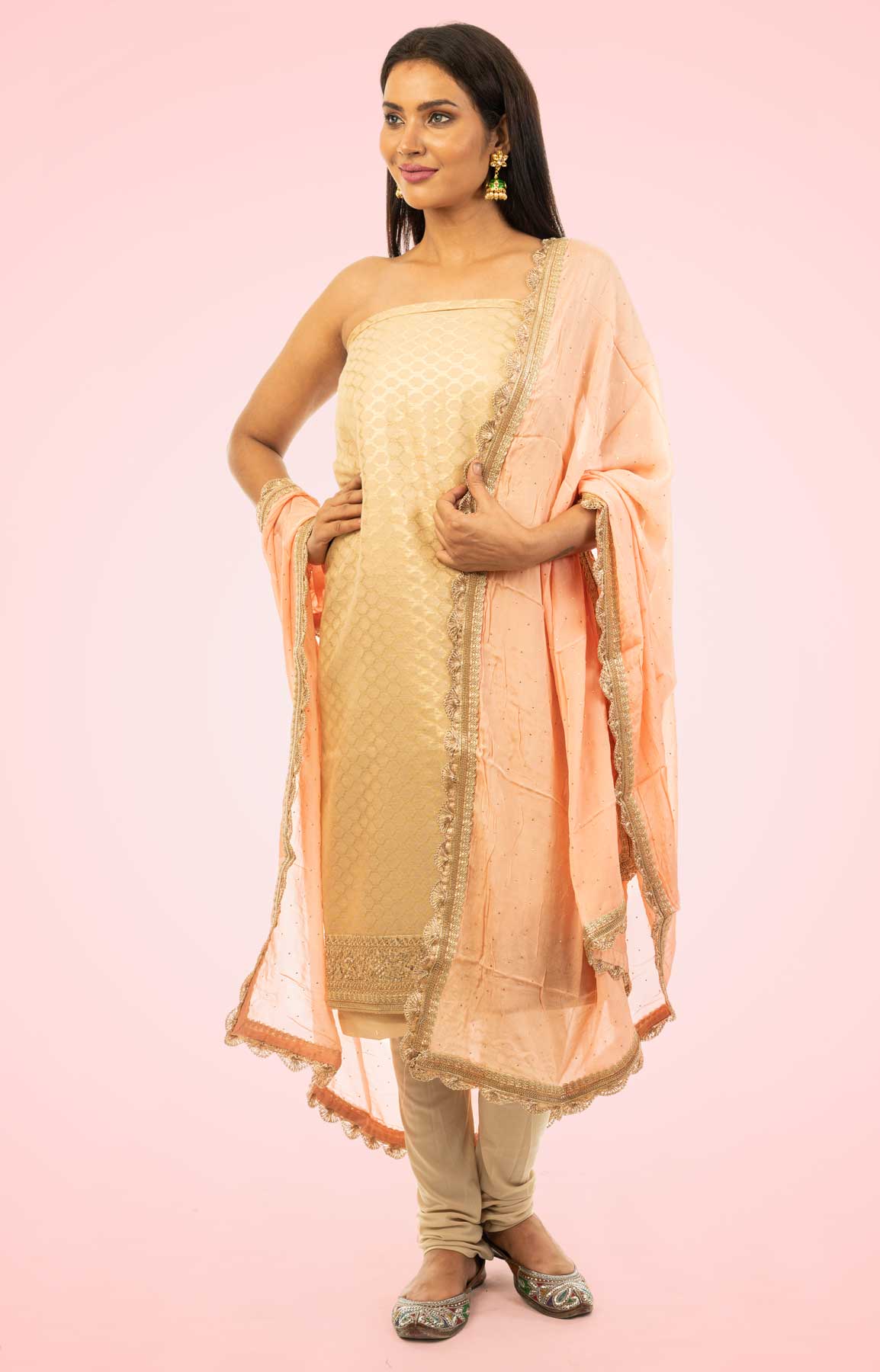 Golden And Peach Chanderi Unstitched Suit Fabric With Gotta Patti Border – Viraaya By Ushnakmals