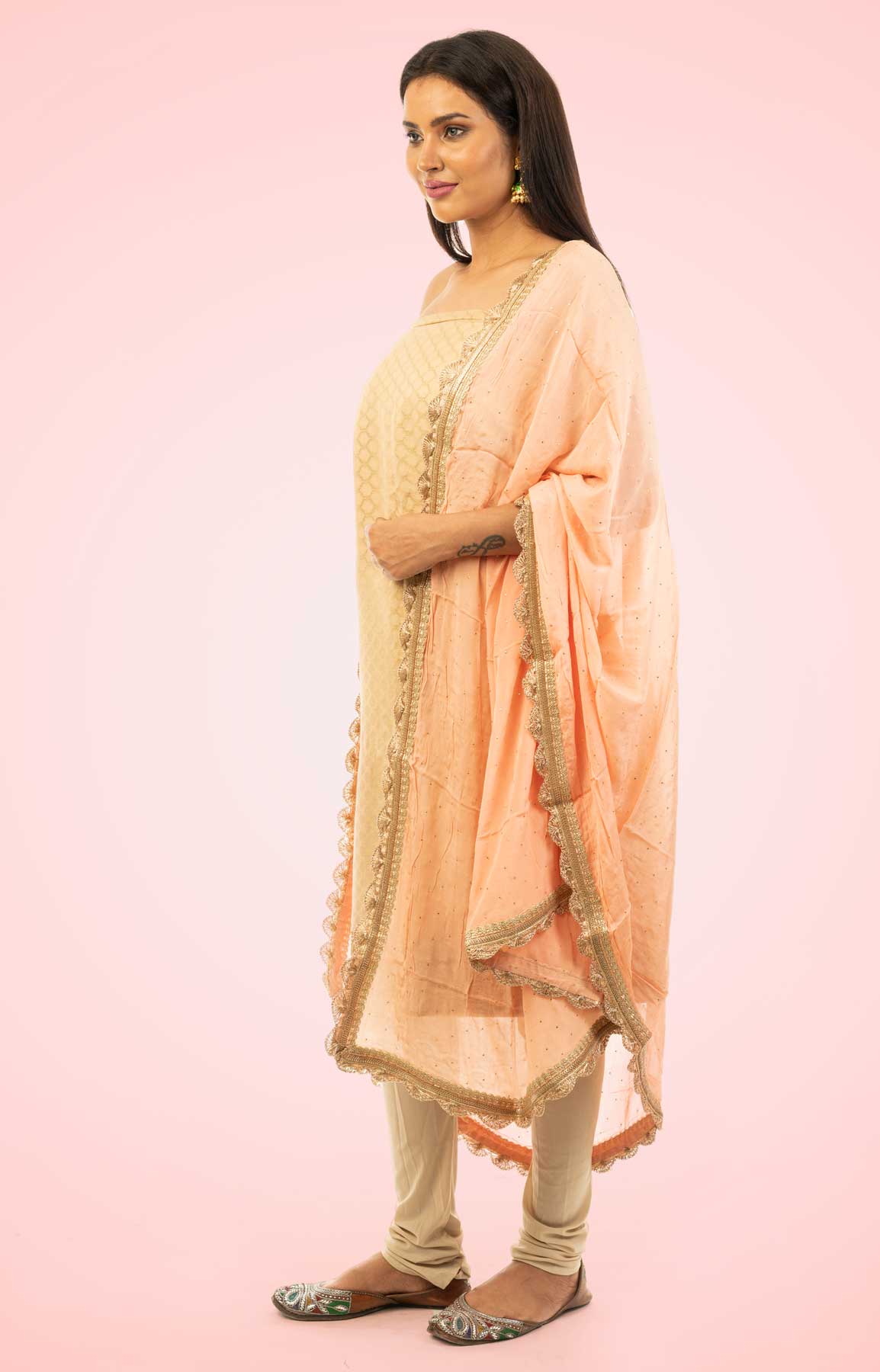 Golden And Peach Chanderi Unstitched Suit Fabric With Gotta Patti Border – Viraaya By Ushnakmals