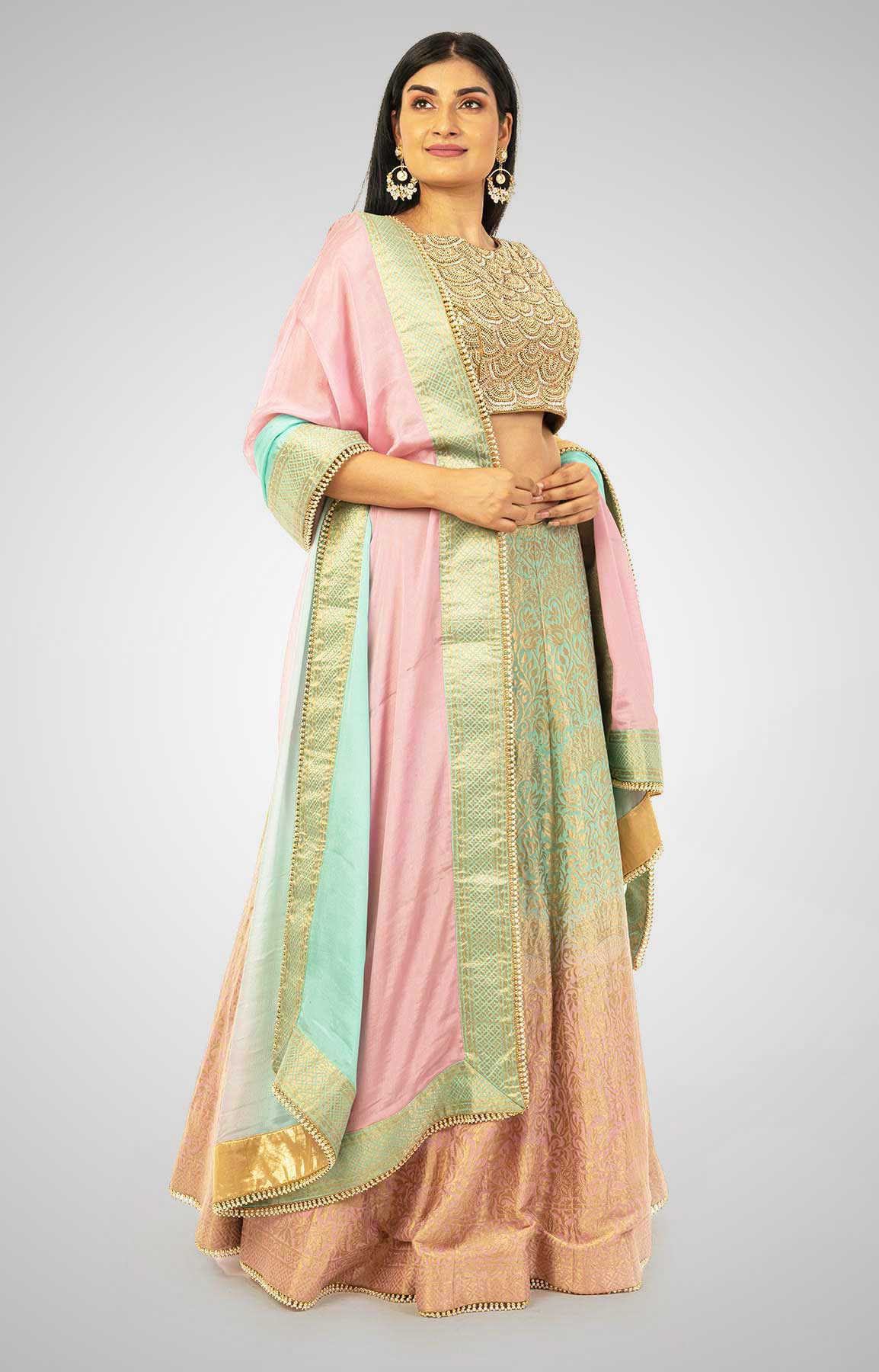 Powder Pink And Aqua Green Banarasi Lehenga Choli With Hand Embroidered Blouse – Viraaya By Ushnakmals