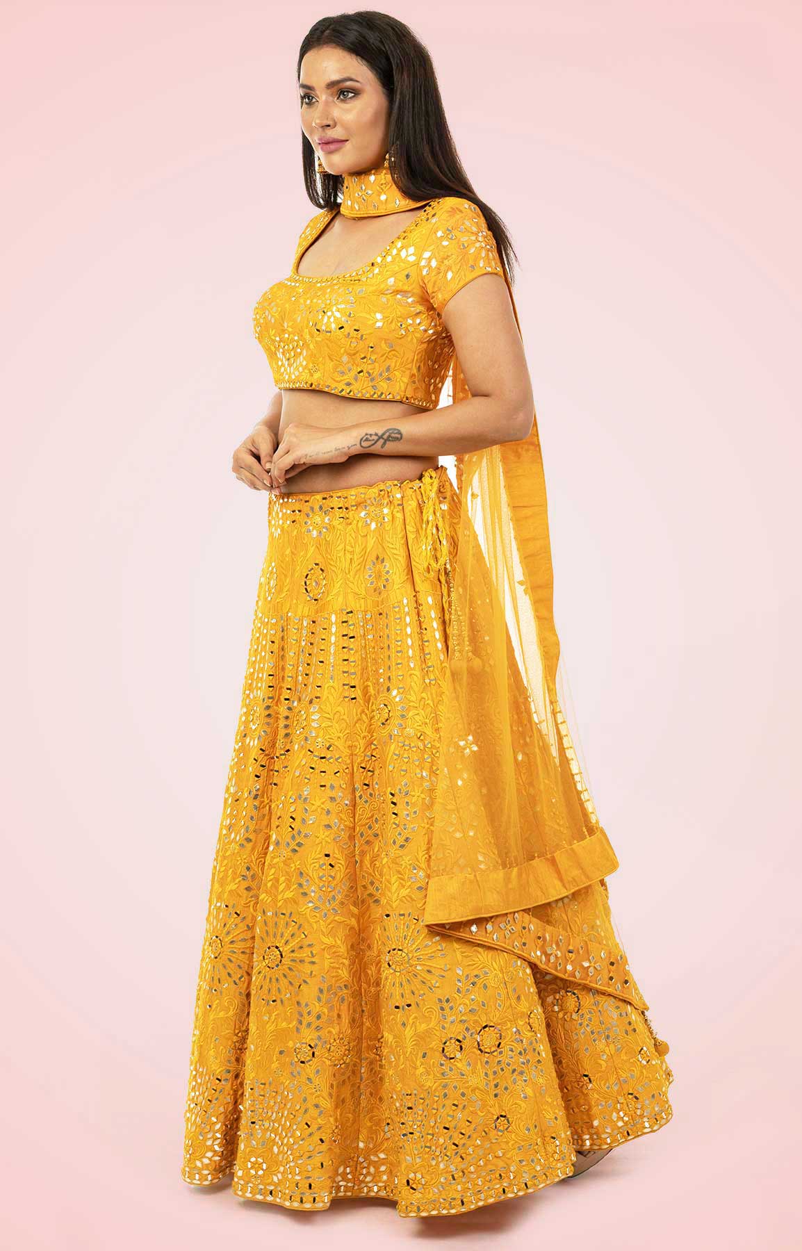 Golden Yellow Lehenga Choli With Leather And Mirror Work Viraaya By