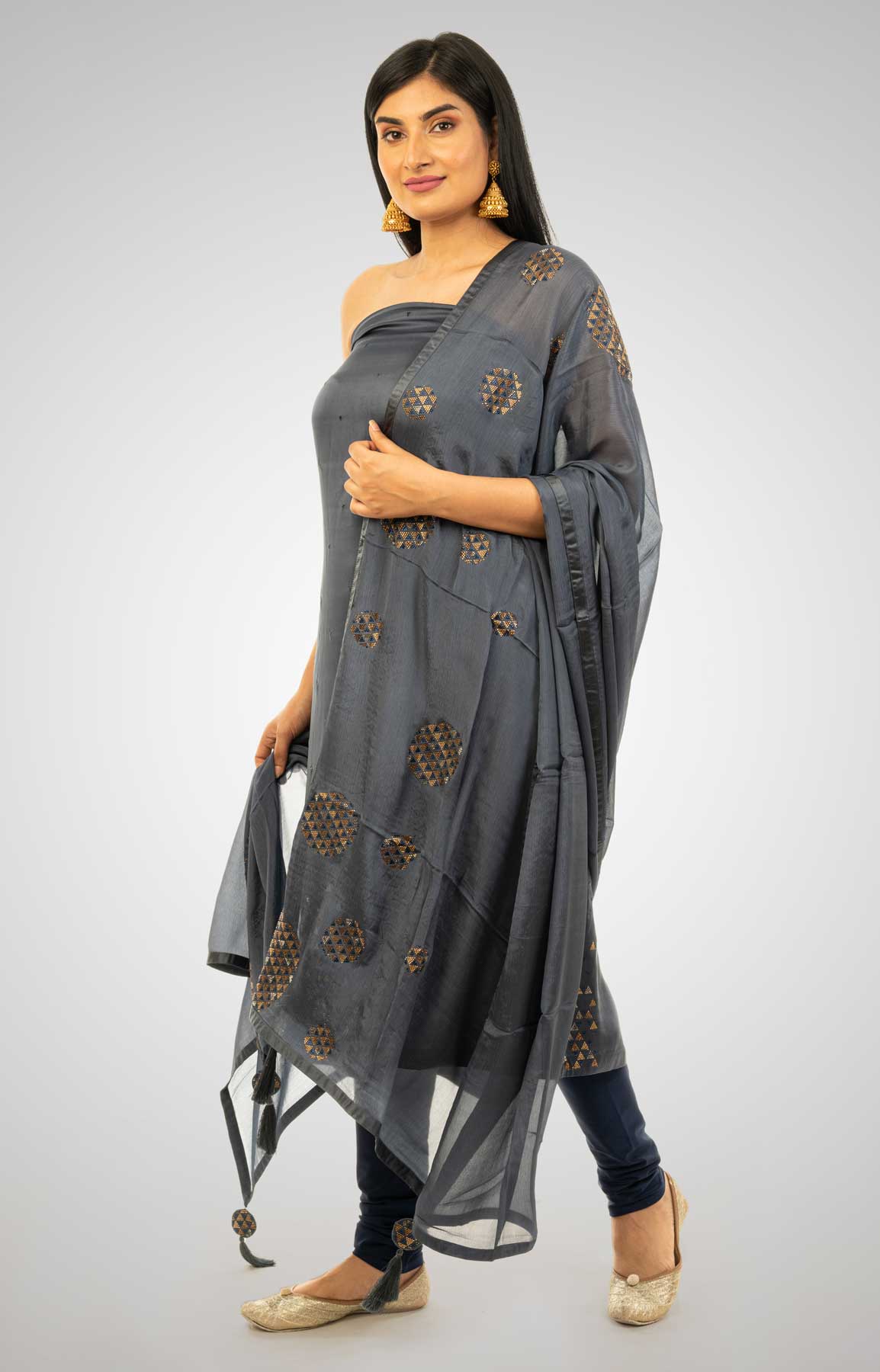 Greyish Blue Satin Unstitched Suit With Stone Work – Viraaya By Ushnakmals