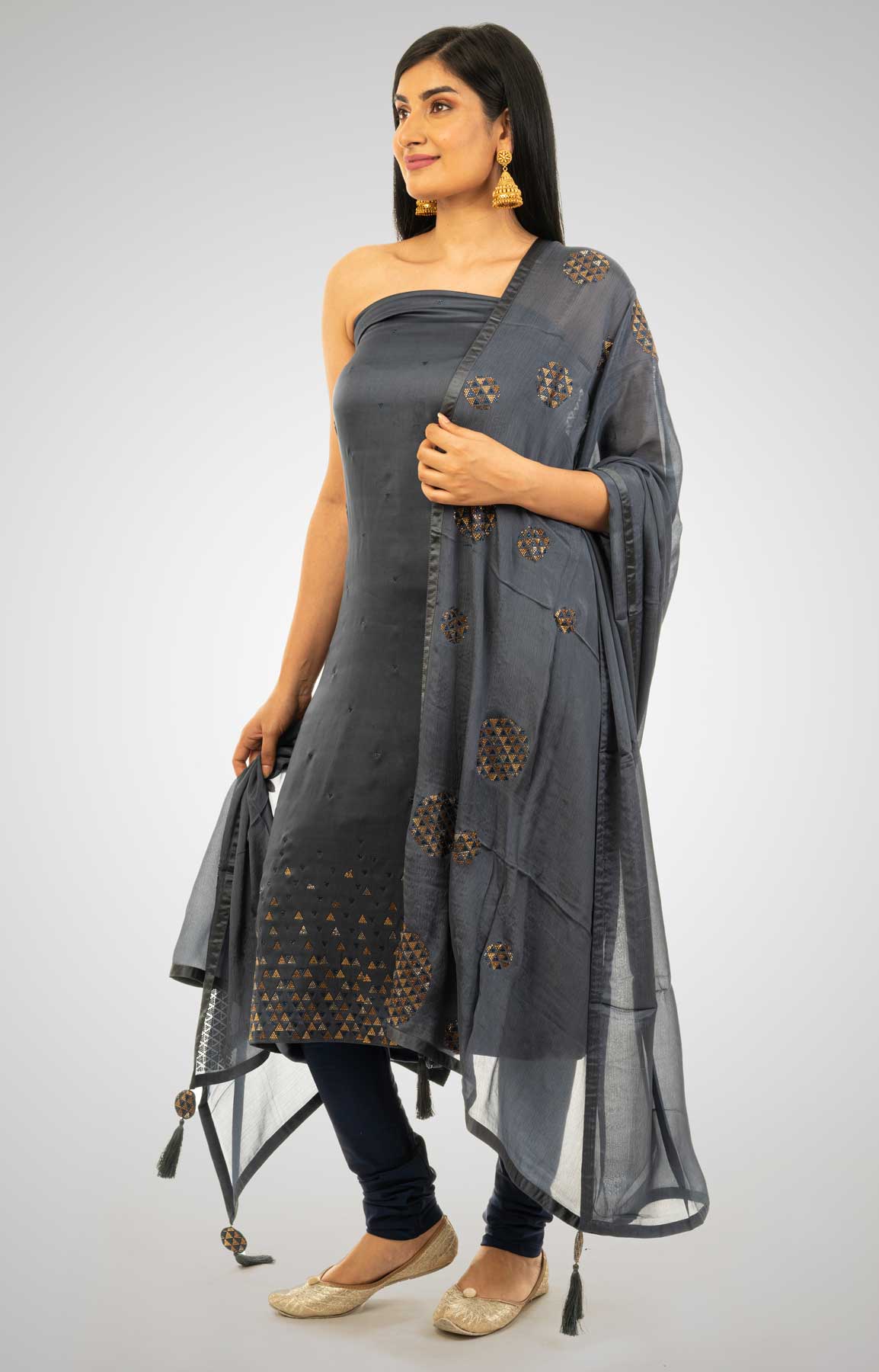 Greyish Blue Satin Unstitched Suit With Stone Work – Viraaya By Ushnakmals