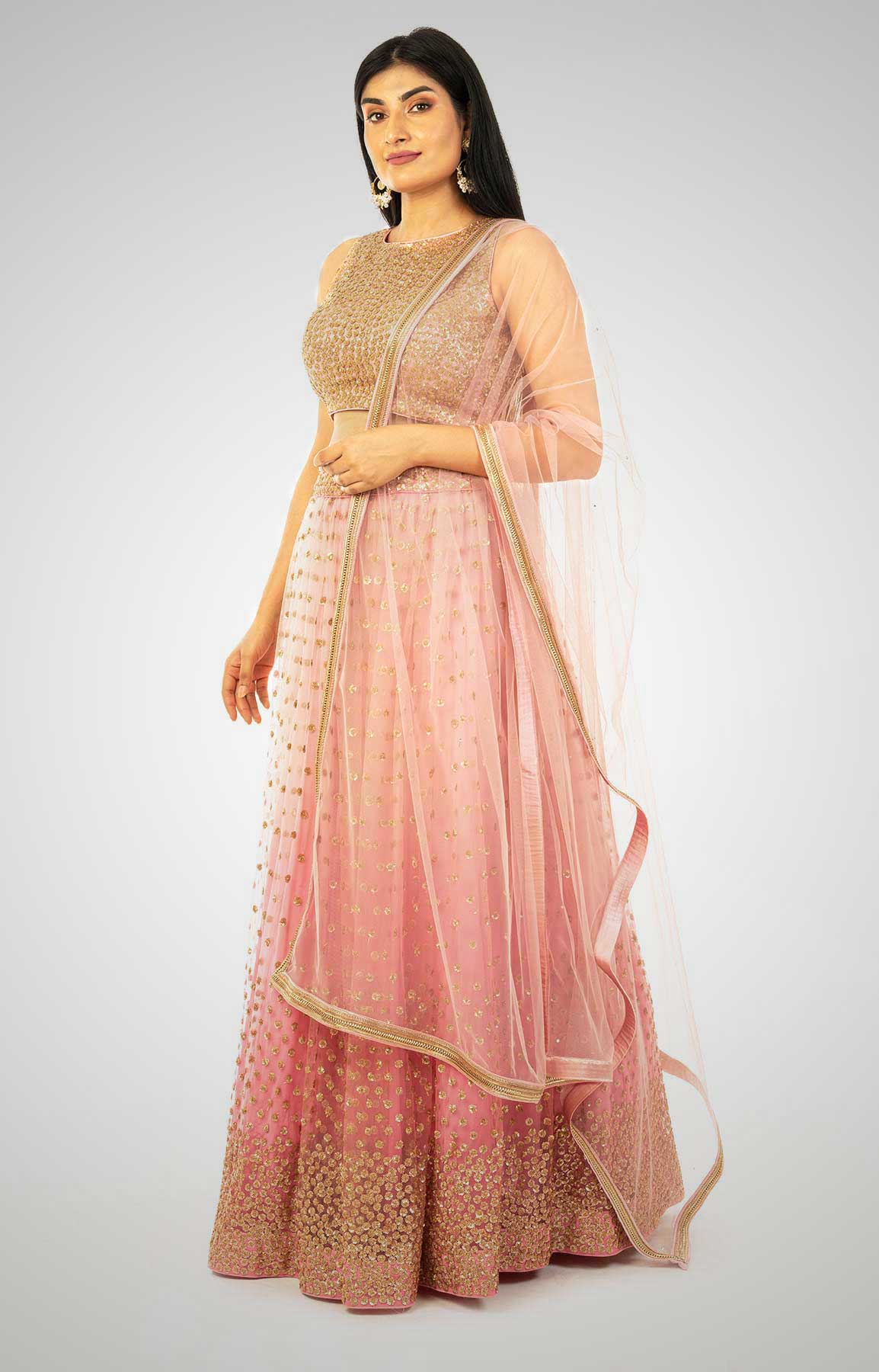 Icing Pink Skirt With Hand Embroidered Blouse And Dual Tone Net Dupatta – Viraaya By Ushnakmals