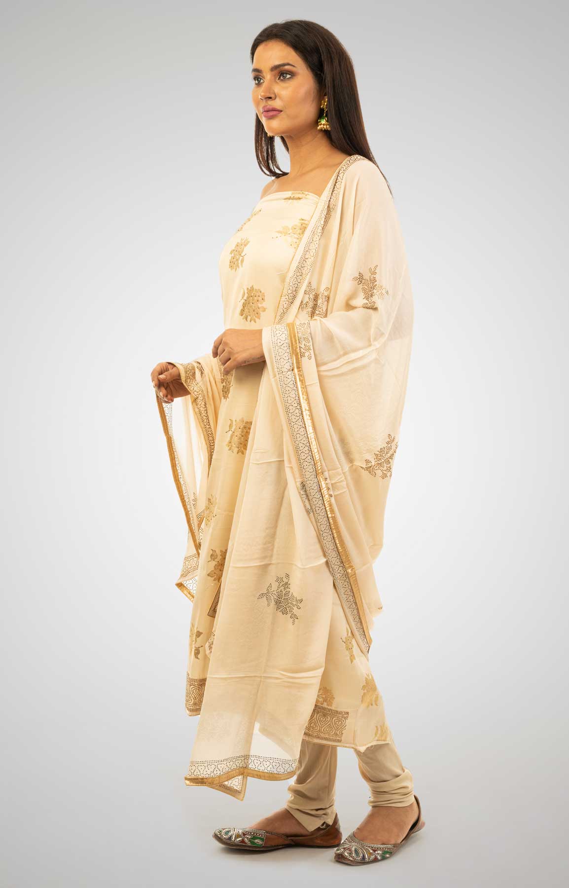 Beige Silk Foil Print Unstitched Suit Fabric – Viraaya By Ushnakmals