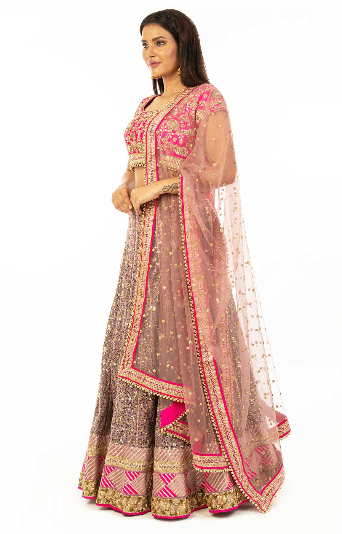 Magenta And Mauve Net Lehenga With Chikankari And Sequin Work – Viraaya By Ushnakmals