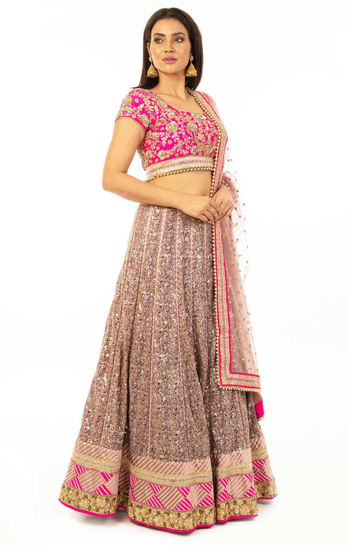 Magenta And Mauve Net Lehenga With Chikankari And Sequin Work – Viraaya By Ushnakmals