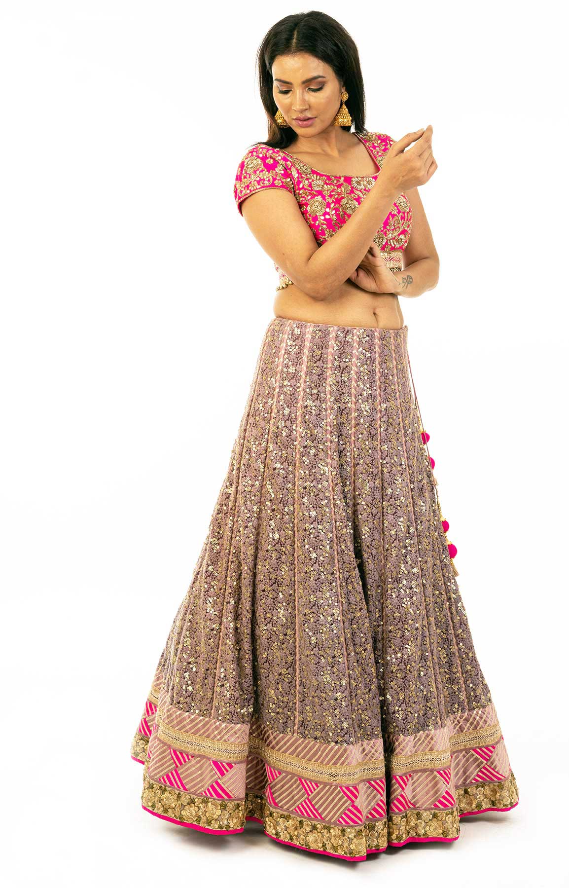 Magenta And Mauve Net Lehenga With Chikankari And Sequin Work – Viraaya By Ushnakmals