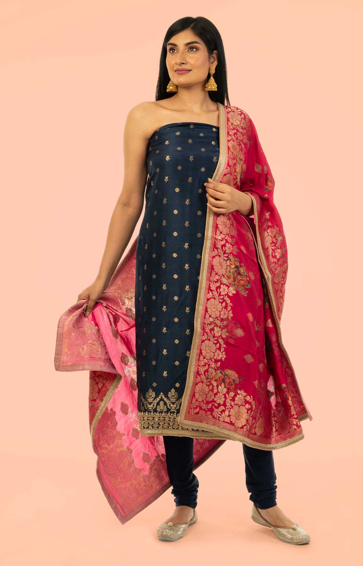 Navy Blue And Rani Pink Banarasi Opara Silk Suit Fabric With Zari Work – Viraaya By Ushnakmals