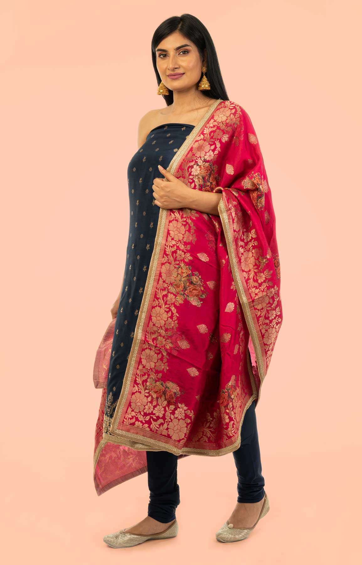 Navy Blue And Rani Pink Banarasi Opara Silk Suit Fabric With Zari Work – Viraaya By Ushnakmals