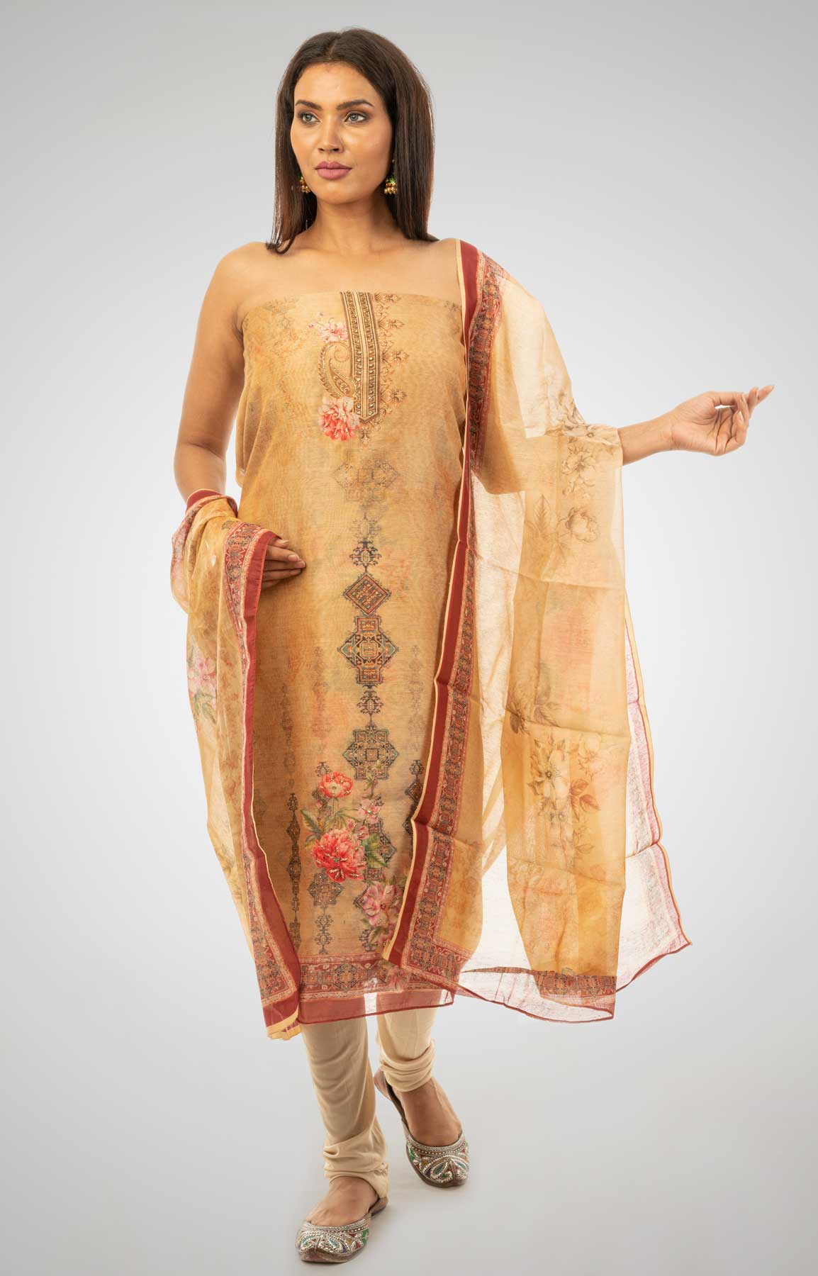 Beige Coloured Chanderi Silk Unstitched Suit Fabric With Matching Dupatta – Viraaya By Ushnakmals