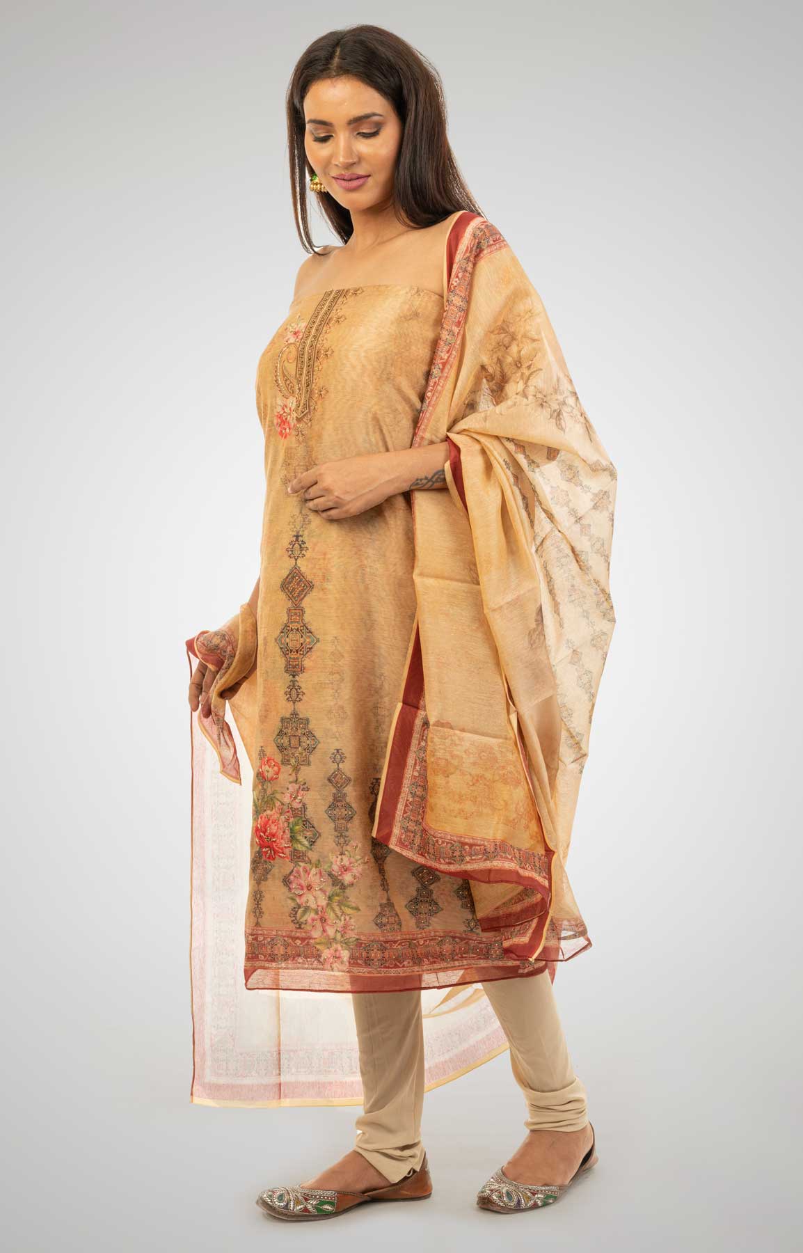 Beige Coloured Chanderi Silk Unstitched Suit Fabric With Matching Dupatta – Viraaya By Ushnakmals