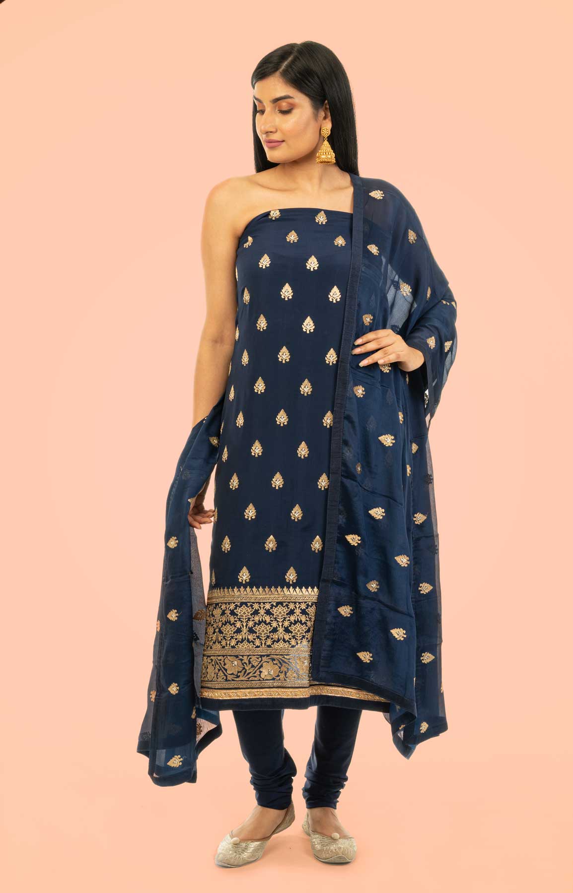Navy Blue Crepe Suit Fabric With Zari Work – Viraaya By Ushnakmals