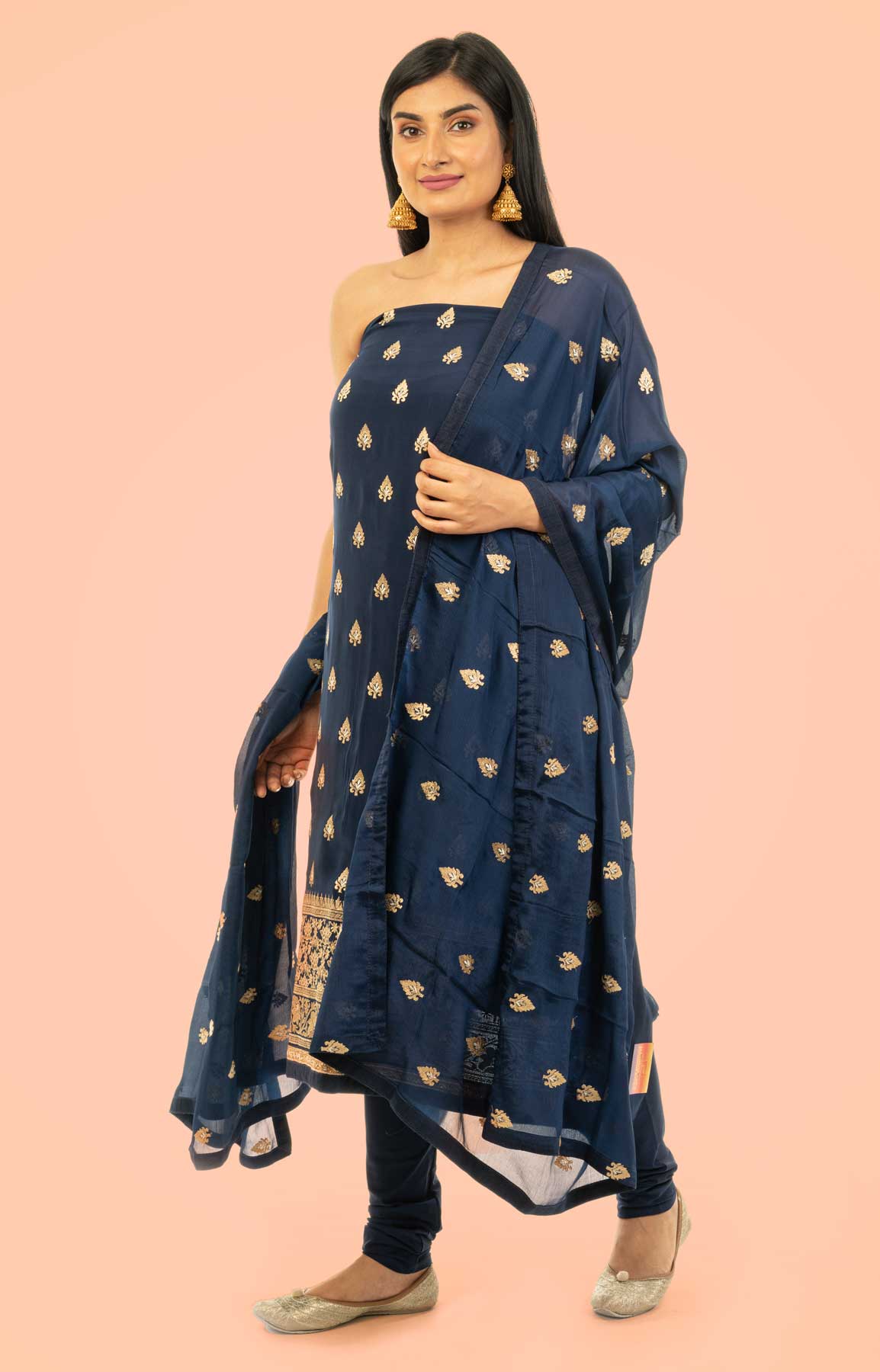 Navy Blue Crepe Suit Fabric With Zari Work – Viraaya By Ushnakmals