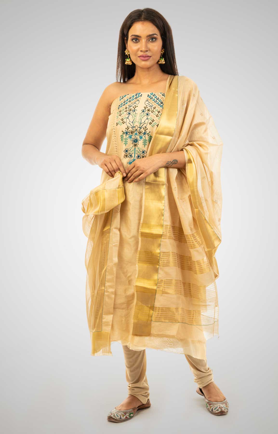 Beige Chanderi Silk Unstitched Suit Fabric With Resham And Zari Aari Work – Viraaya By Ushnakmals