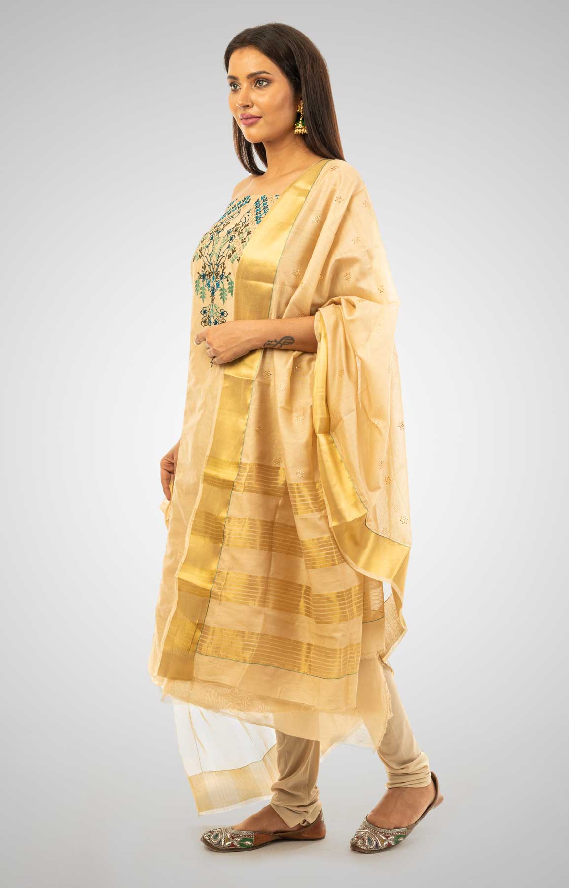 Beige Chanderi Silk Unstitched Suit Fabric With Resham And Zari Aari Work – Viraaya By Ushnakmals