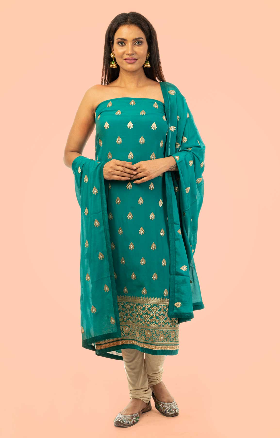 Sea Green Crepe Suit Fabric With Zari Work – Viraaya By Ushnakmals