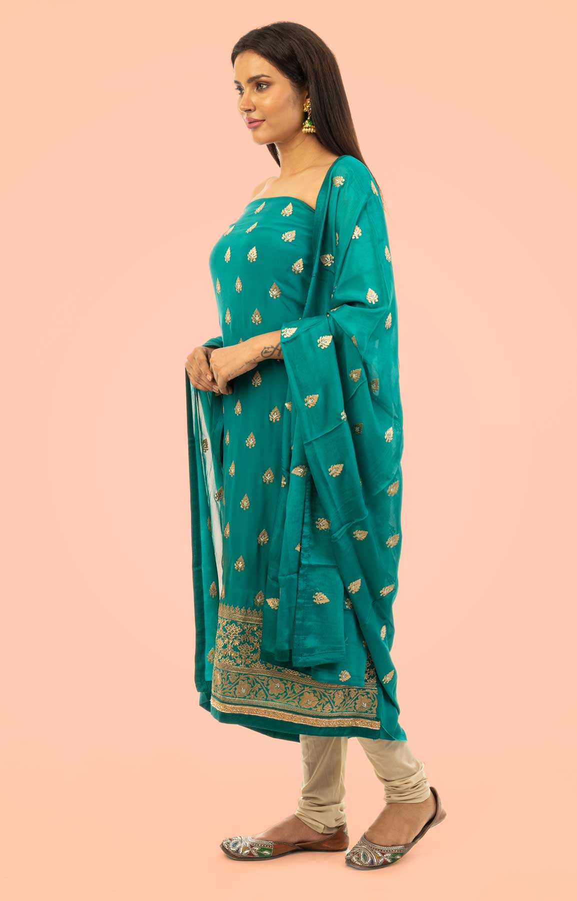 Sea Green Crepe Suit Fabric With Zari Work – Viraaya By Ushnakmals