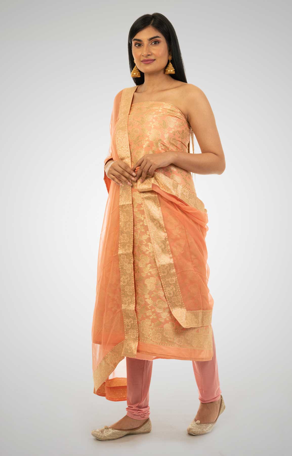 Orange Banarasi Brocade Unstitched Suit With Chiffon Dupatta – Viraaya By Ushnakmals