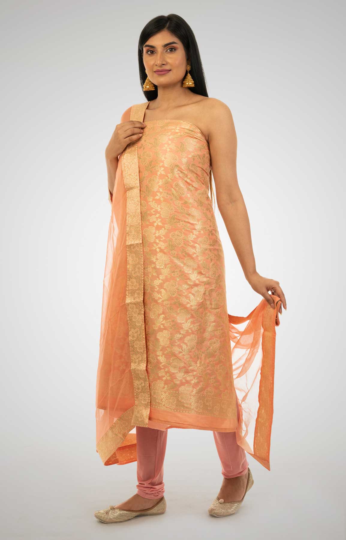 Orange Banarasi Brocade Unstitched Suit With Chiffon Dupatta – Viraaya By Ushnakmals