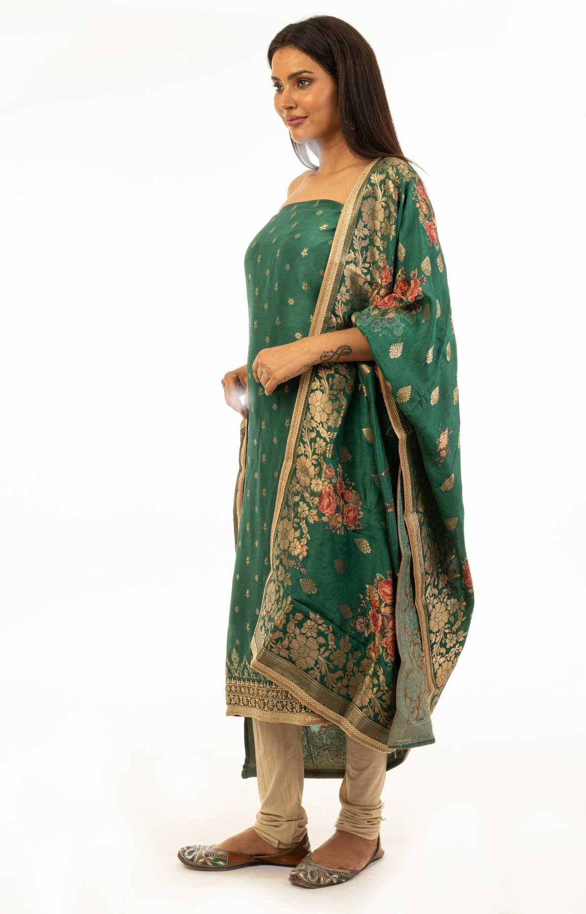 Green And Beige Banarasi Opara Silk Suit Fabric With Zari Work – Viraaya By Ushnakmals