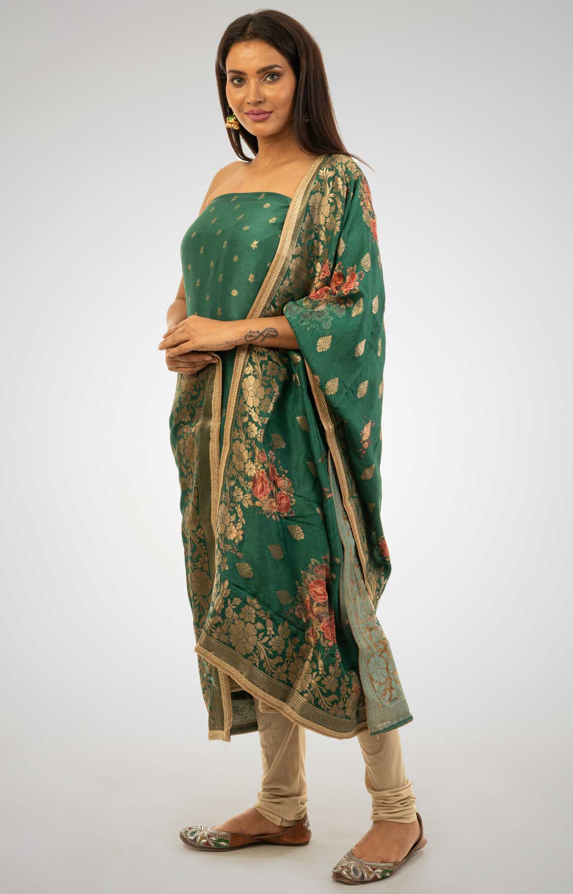 Green And Beige Banarasi Opara Silk Suit Fabric With Zari Work – Viraaya By Ushnakmals