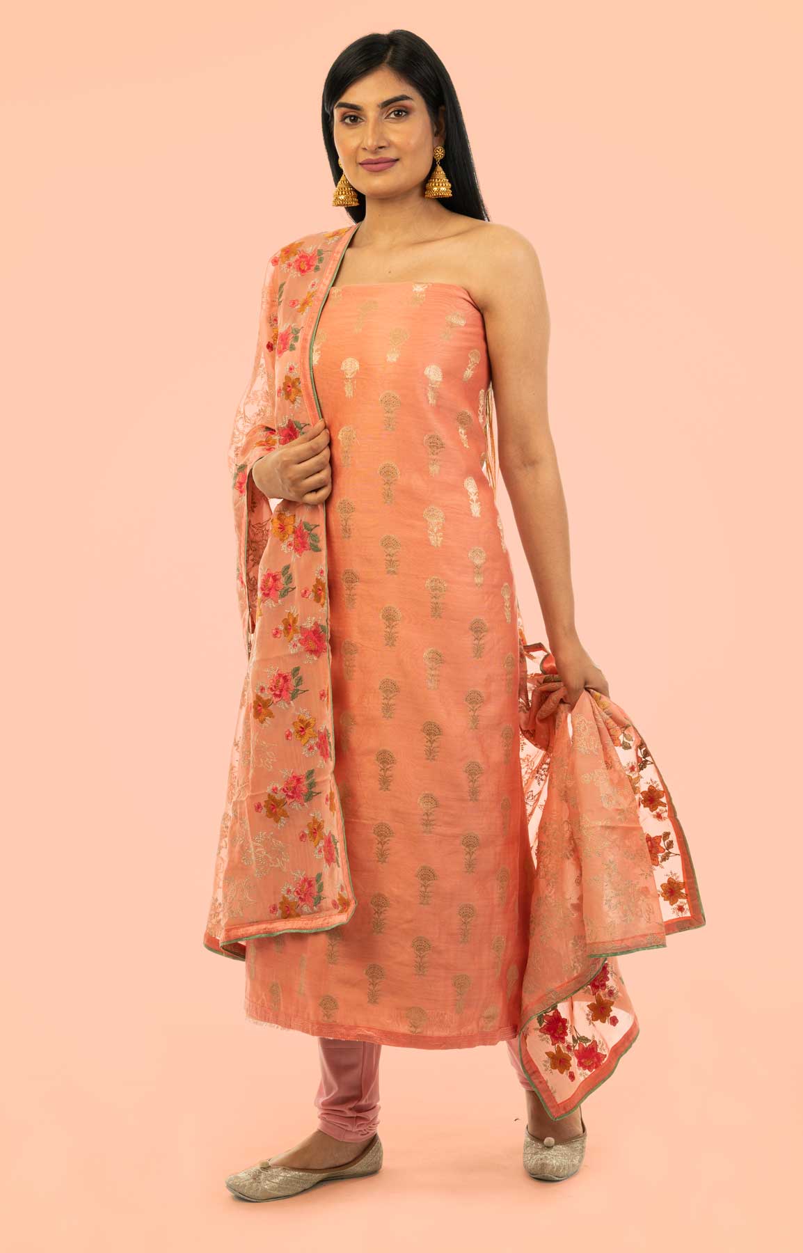 Peach Banarasi Chanderi Suit Fabric With Phulkari Dupatta – Viraaya By Ushnakmals