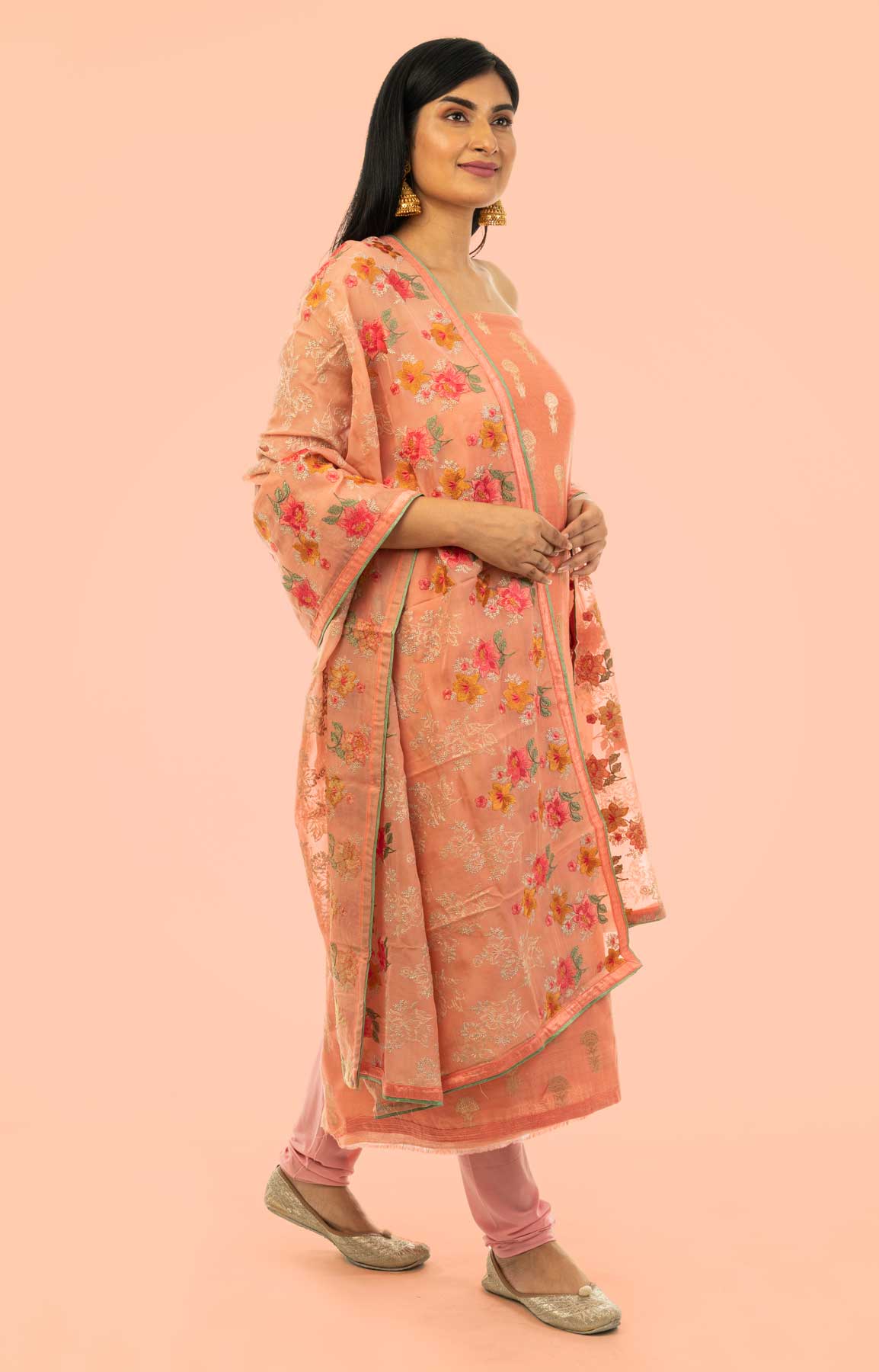 Peach Banarasi Chanderi Suit Fabric With Phulkari Dupatta – Viraaya By Ushnakmals