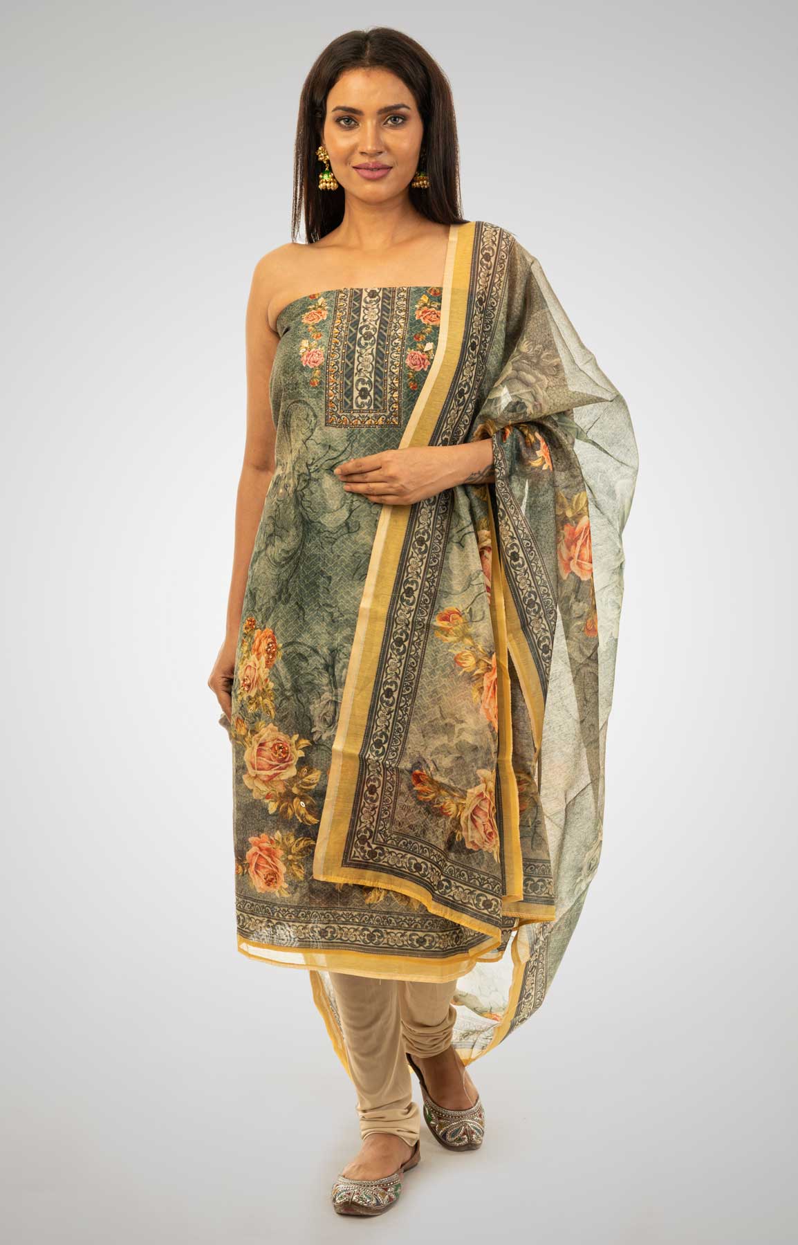 Dark Beige Chanderi Silk Unstitched Suit Fabric With Matching Dupatta – Viraaya By Ushnakmals