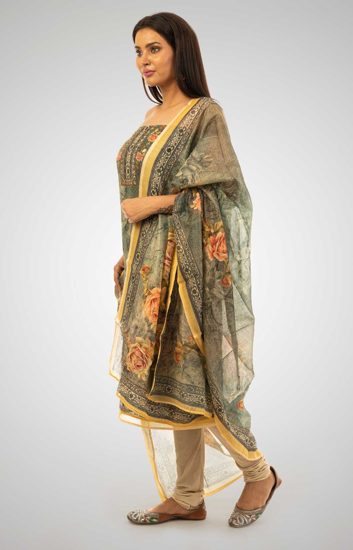 Dark Beige Chanderi Silk Unstitched Suit Fabric With Matching Dupatta – Viraaya By Ushnakmals