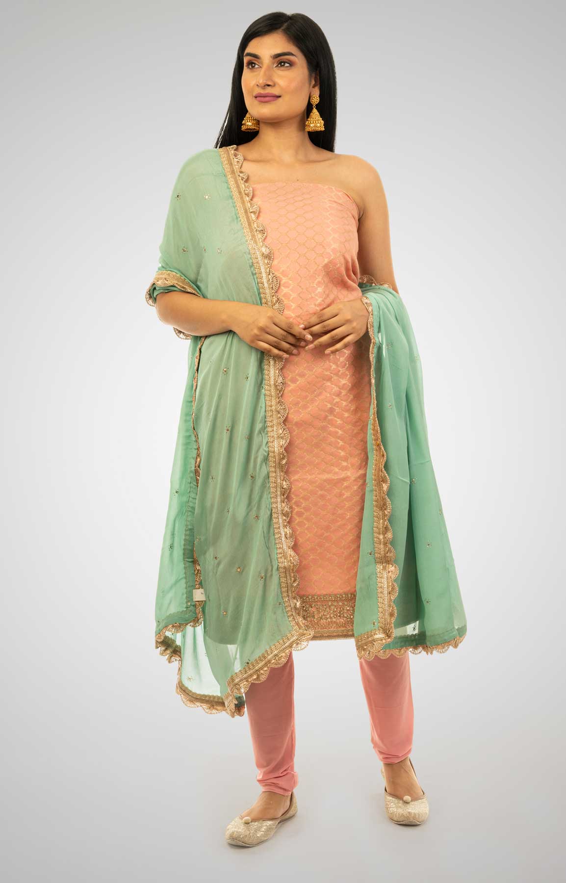 Peach And Sea Green Chanderi Unstitched Suit Fabric With Gotta Patti Border – Viraaya By Ushnakmals