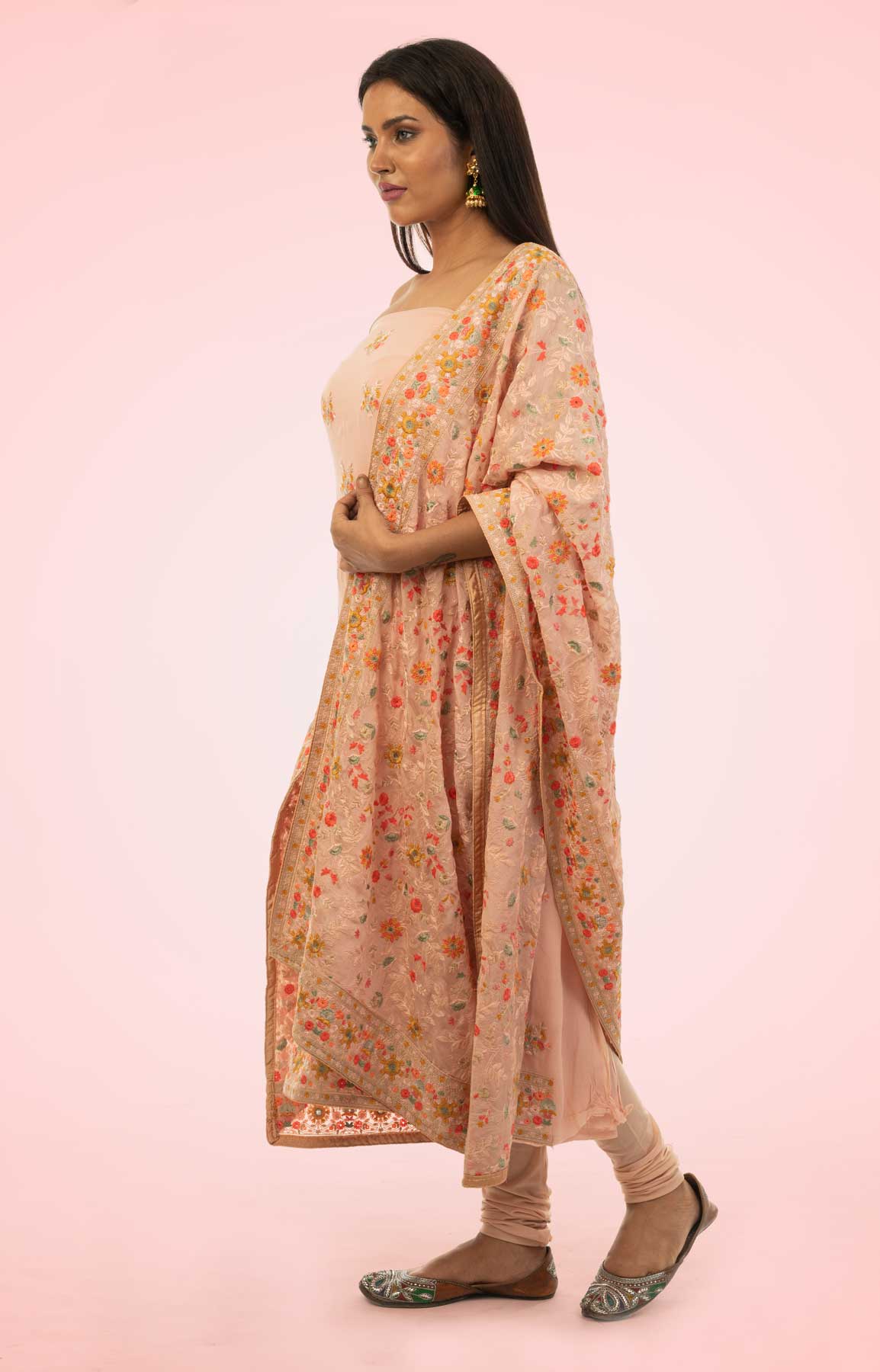 Peach Pearl Crepe Unstitched Suit With Heavy Resham Embroidered Dupatta – Viraaya By Ushnakmals